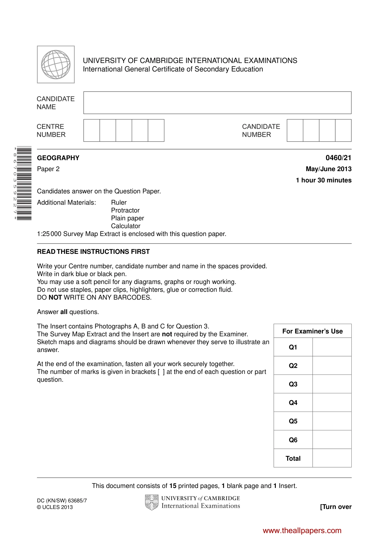 Cambridge IGCSE Geography 0460 2013 May/June Paper 2 · Variant 1 question paper, page 1 of 16