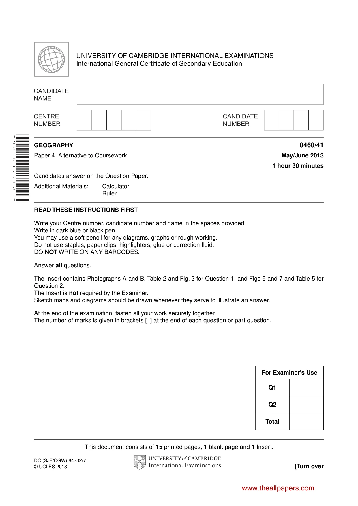 Cambridge IGCSE Geography 0460 2013 May/June Paper 4 · Variant 1 question paper, page 1 of 16