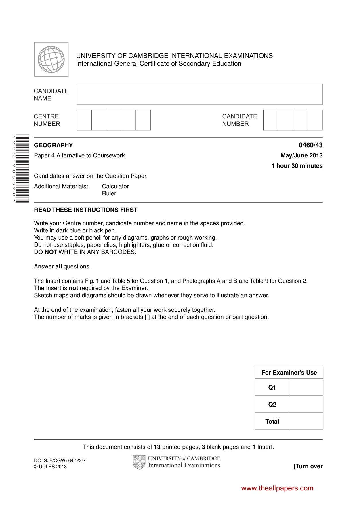 Cambridge IGCSE Geography 0460 2013 May/June Paper 4 · Variant 3 question paper, page 1 of 16