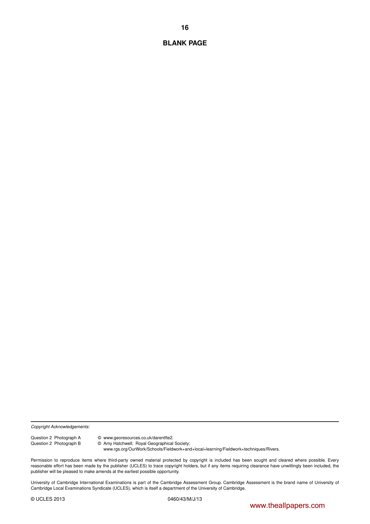 Cambridge IGCSE Geography 0460 2013 May/June Paper 4 · Variant 3 question paper, page 16 of 16