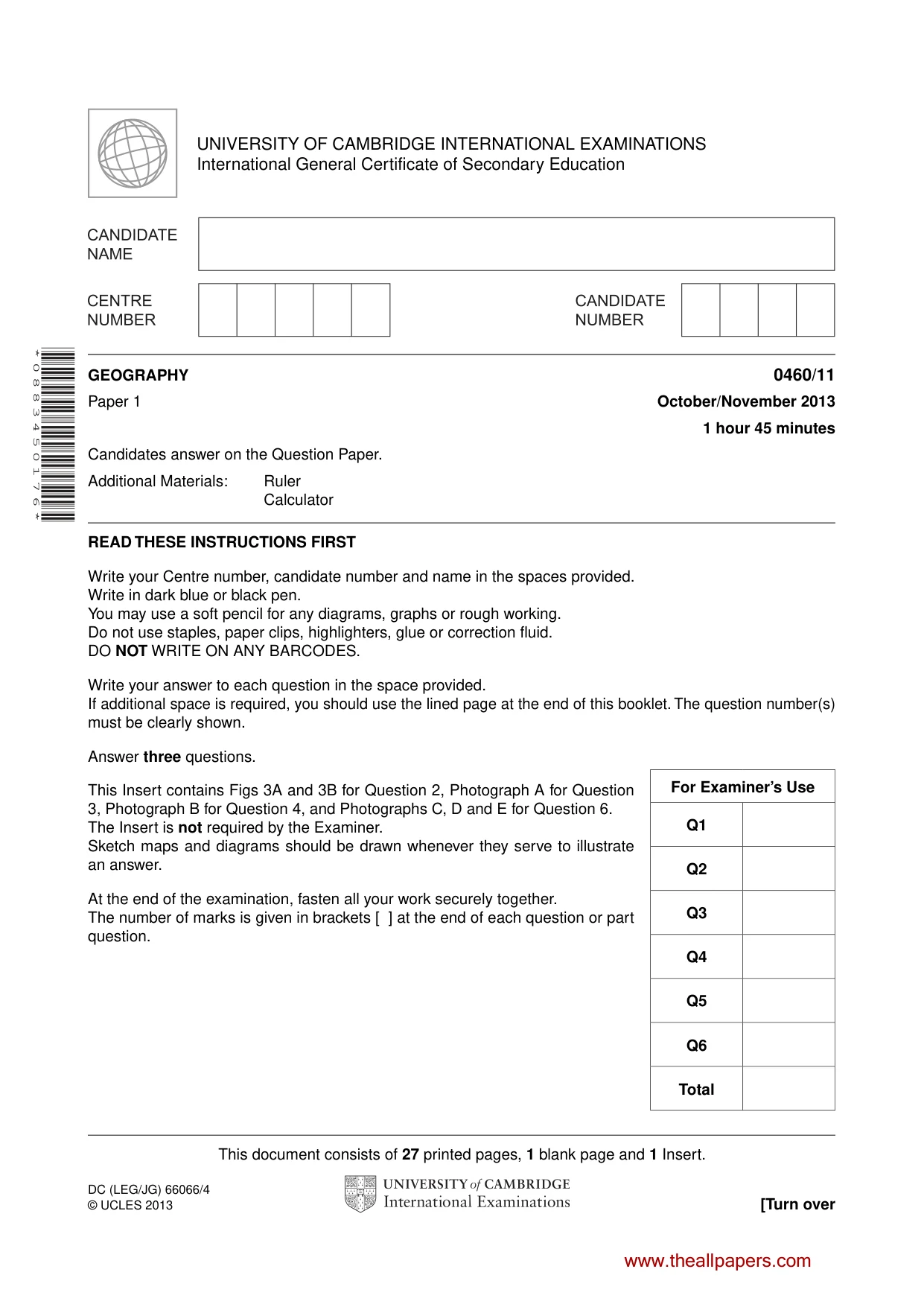 Cambridge IGCSE Geography 0460 2013 Oct/Nov Paper 1 · Variant 1 question paper, page 1 of 28
