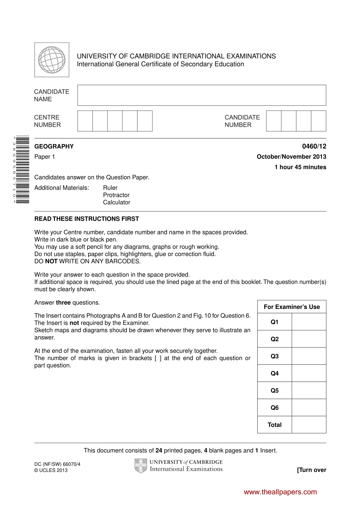 Cambridge IGCSE Geography 0460 2013 Oct/Nov Paper 1 · Variant 2 question paper, page 1 of 28