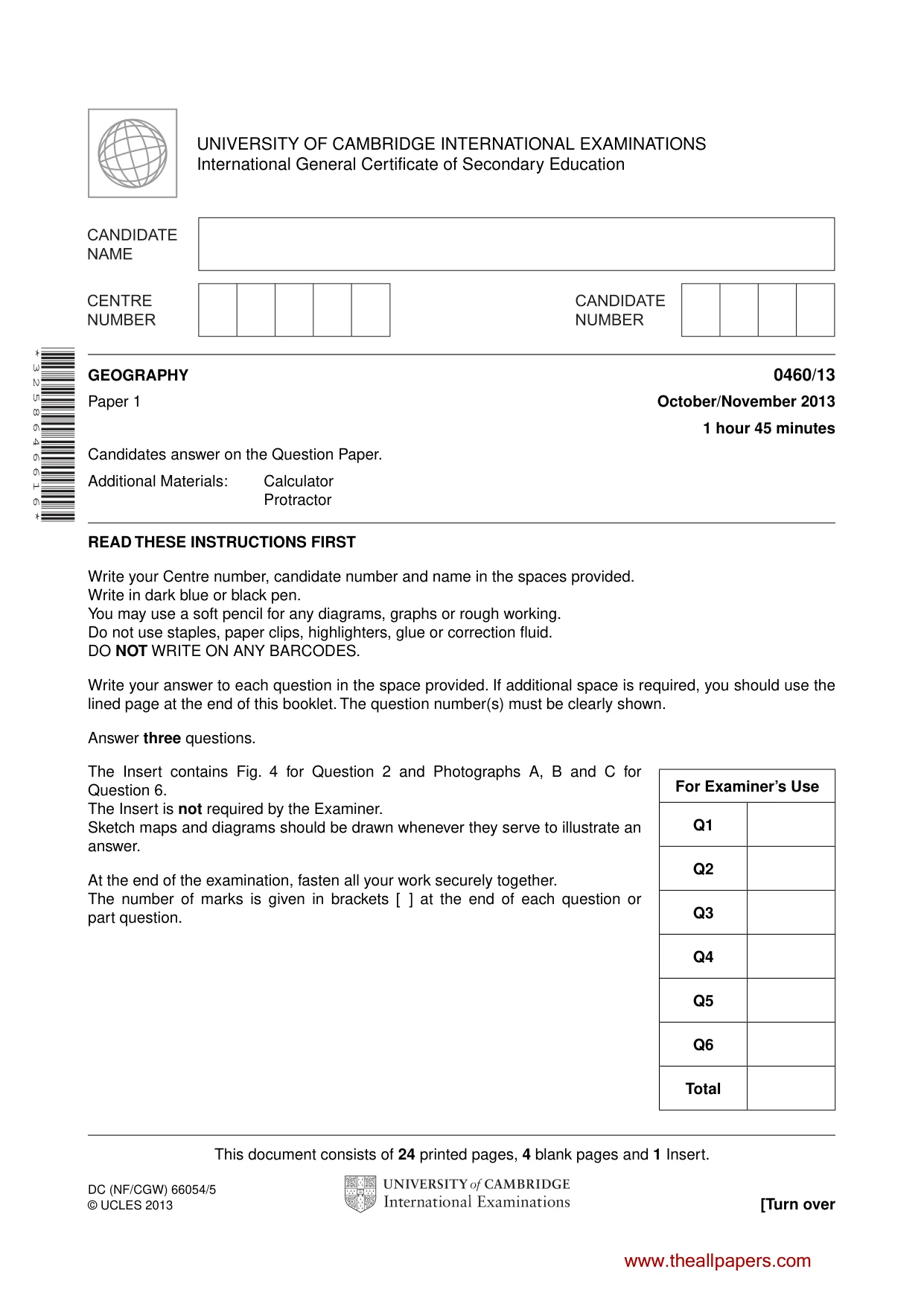 Cambridge IGCSE Geography 0460 2013 Oct/Nov Paper 1 · Variant 3 question paper, page 1 of 28