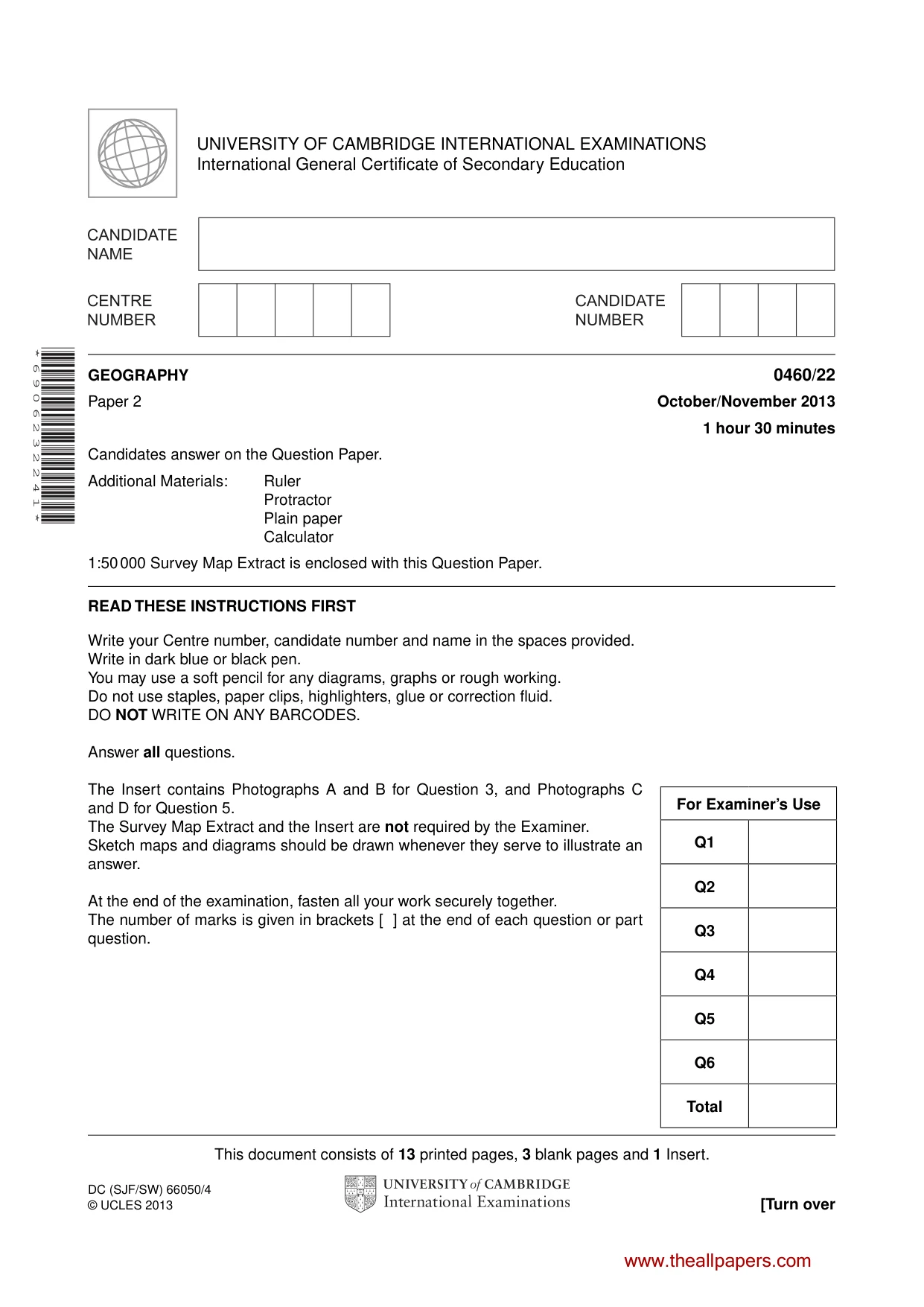 Cambridge IGCSE Geography 0460 2013 Oct/Nov Paper 2 · Variant 2 question paper, page 1 of 16
