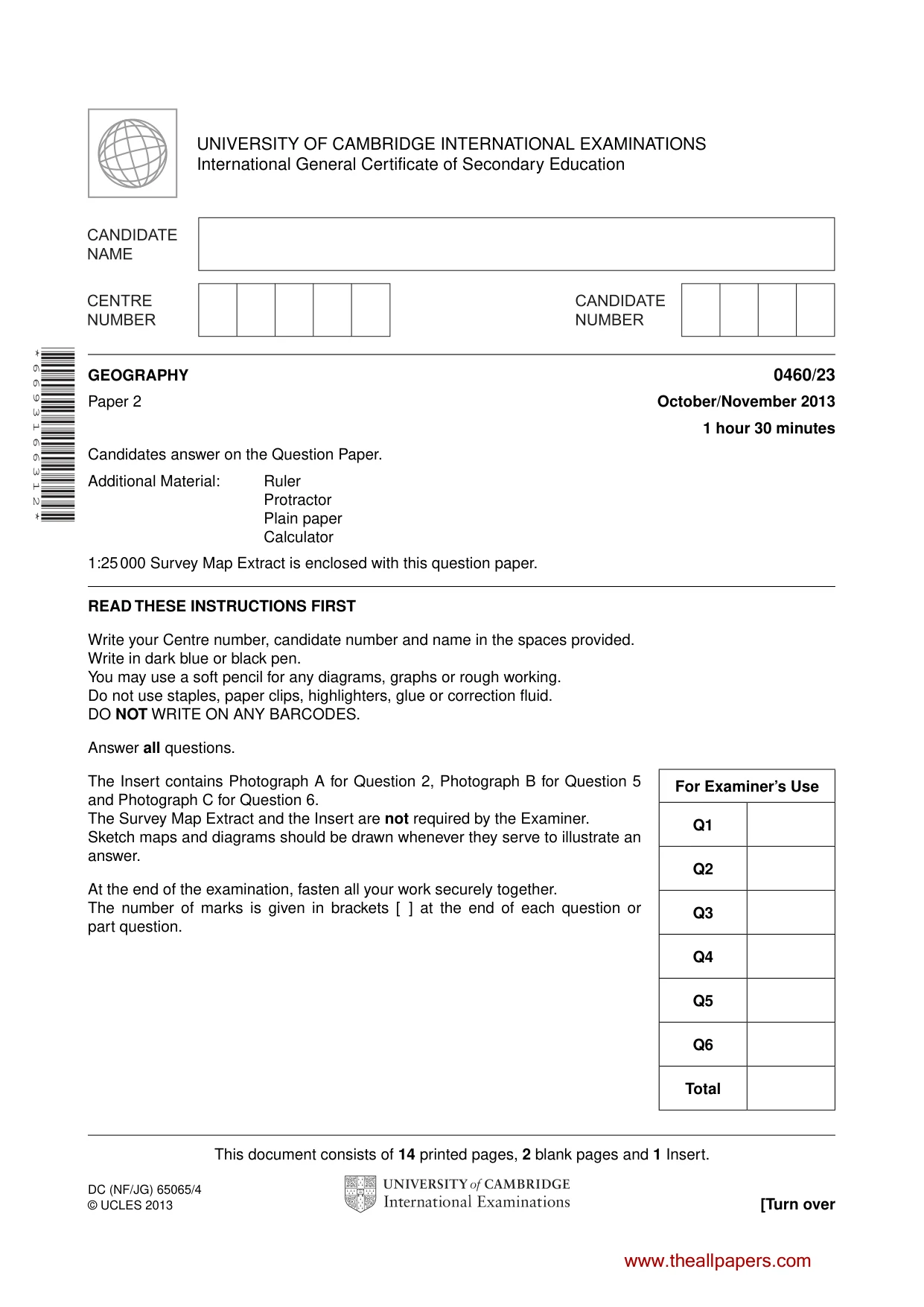 Cambridge IGCSE Geography 0460 2013 Oct/Nov Paper 2 · Variant 3 question paper, page 1 of 16