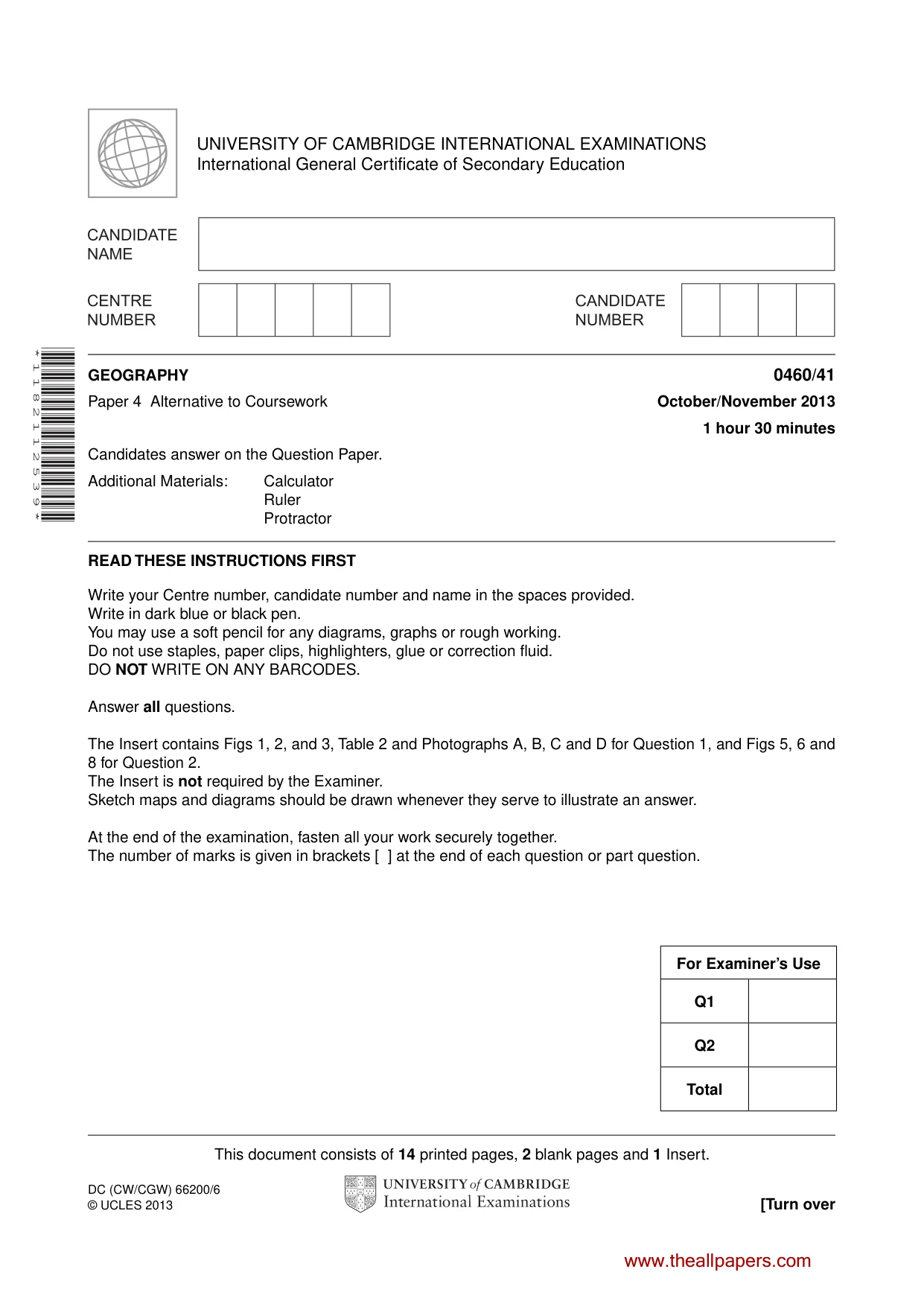Cambridge IGCSE Geography 0460 2013 Oct/Nov Paper 4 · Variant 1 question paper, page 1 of 16