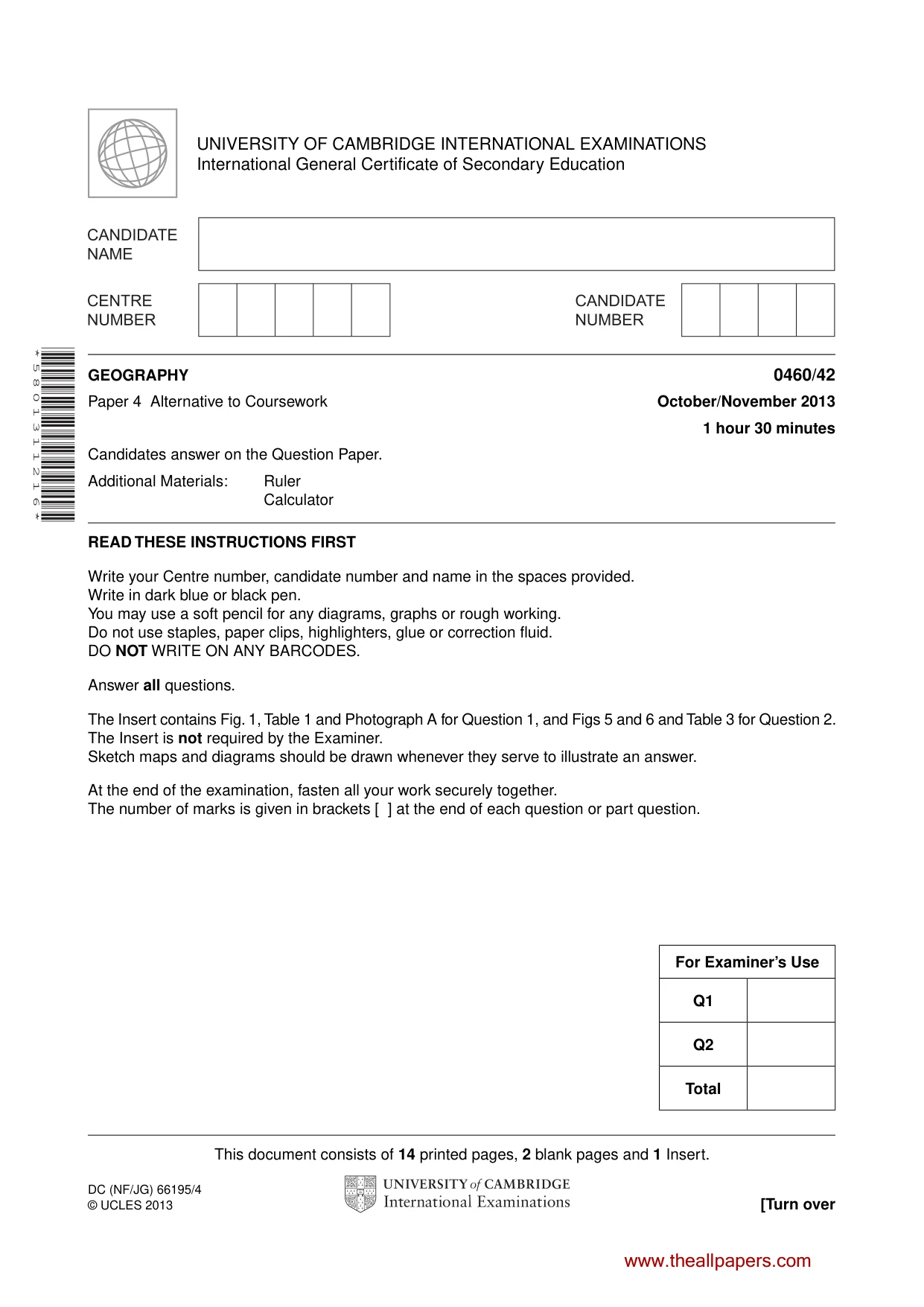 Cambridge IGCSE Geography 0460 2013 Oct/Nov Paper 4 · Variant 2 question paper, page 1 of 16