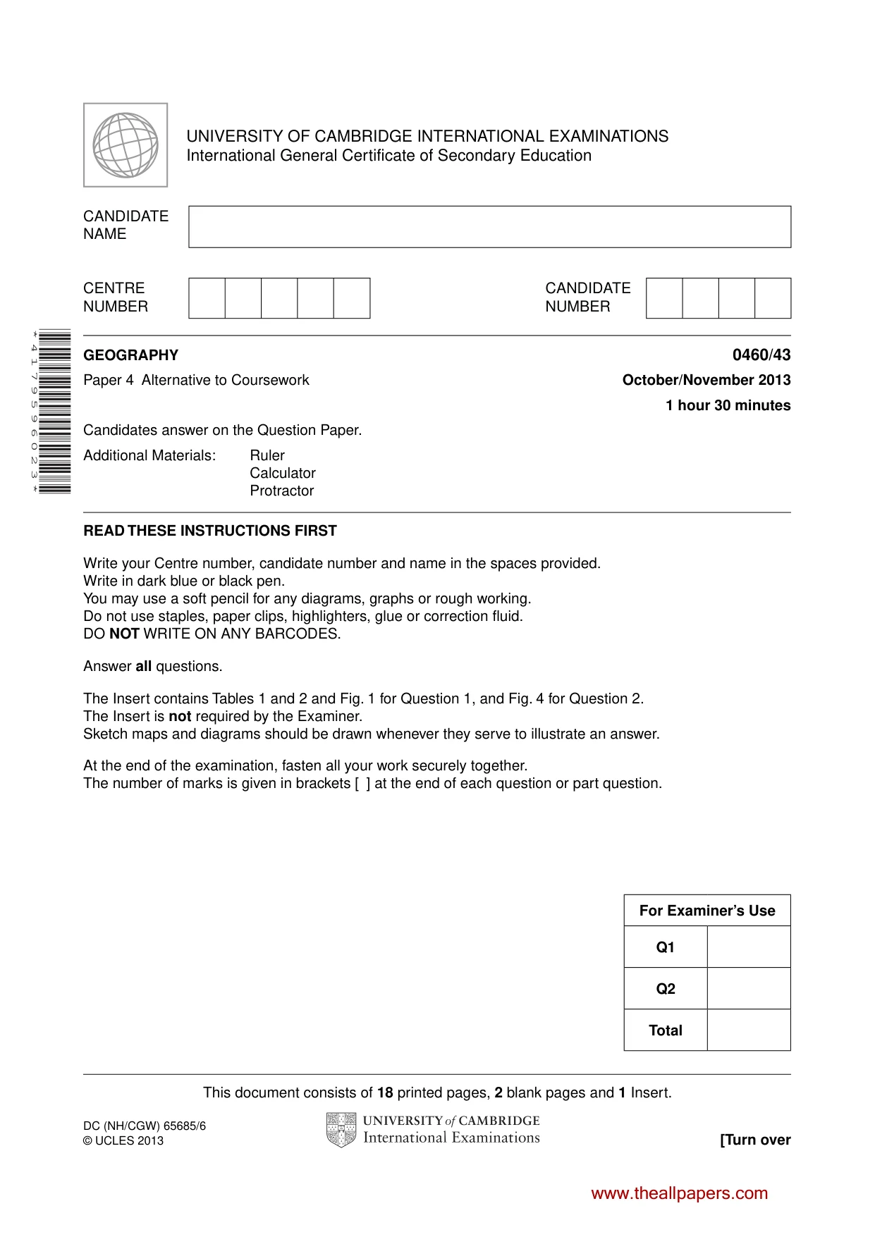 Cambridge IGCSE Geography 0460 2013 Oct/Nov Paper 4 · Variant 3 question paper, page 1 of 20
