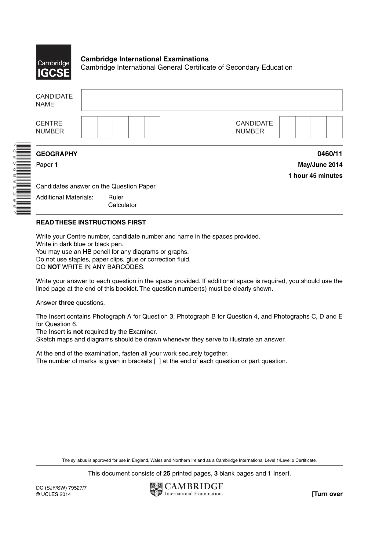 Cambridge IGCSE Geography 0460 2014 May/June Paper 1 · Variant 1 question paper, page 1 of 28