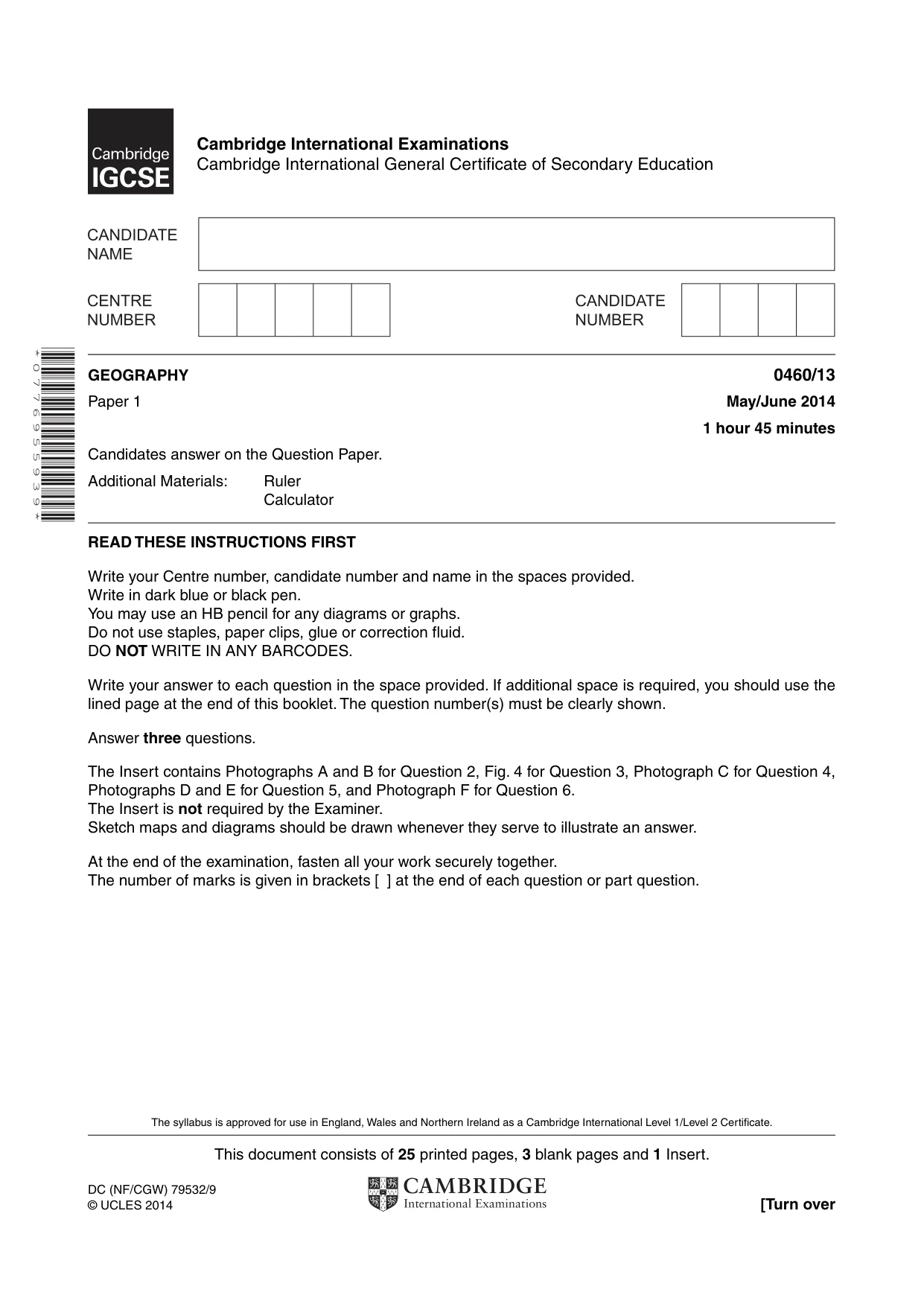Cambridge IGCSE Geography 0460 2014 May/June Paper 1 · Variant 3 question paper, page 1 of 28