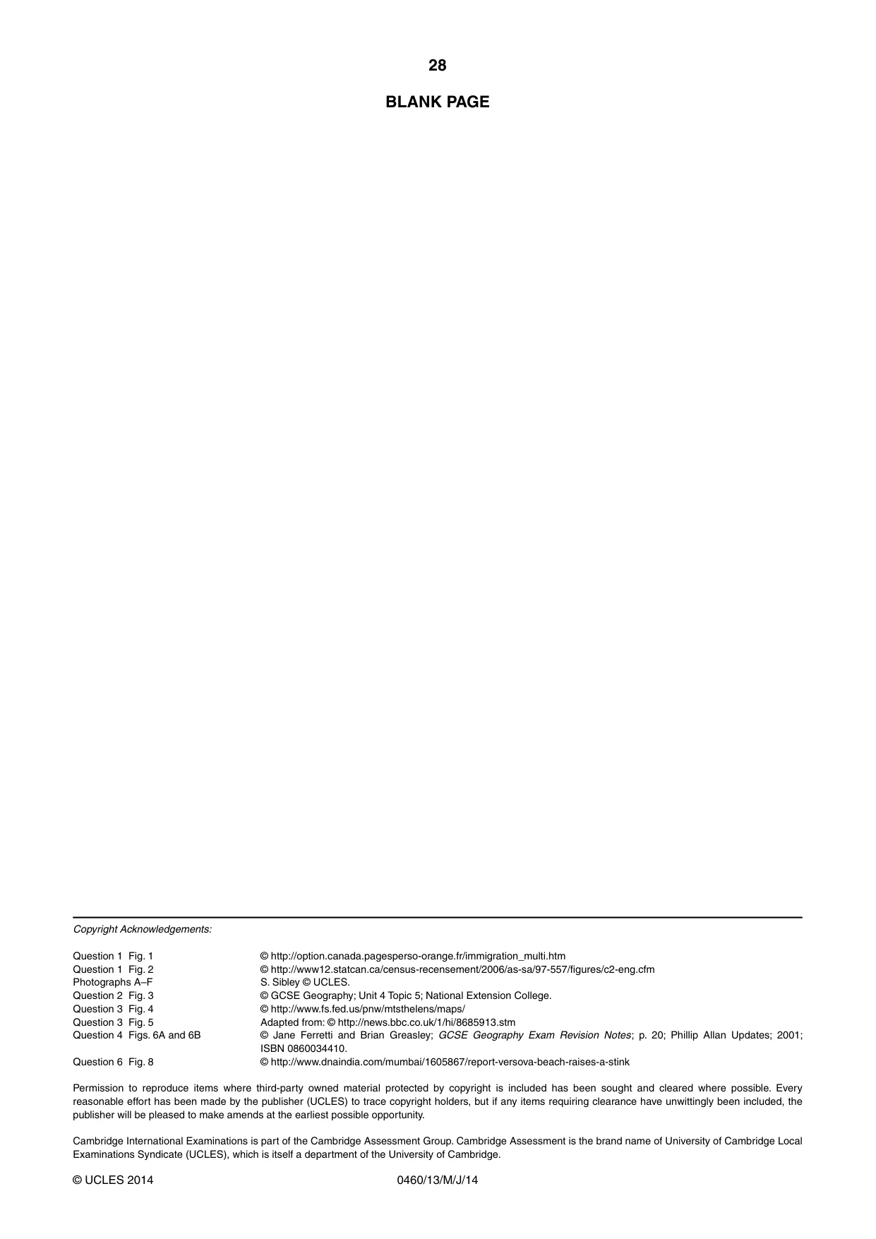 Cambridge IGCSE Geography 0460 2014 May/June Paper 1 · Variant 3 question paper, page 28 of 28