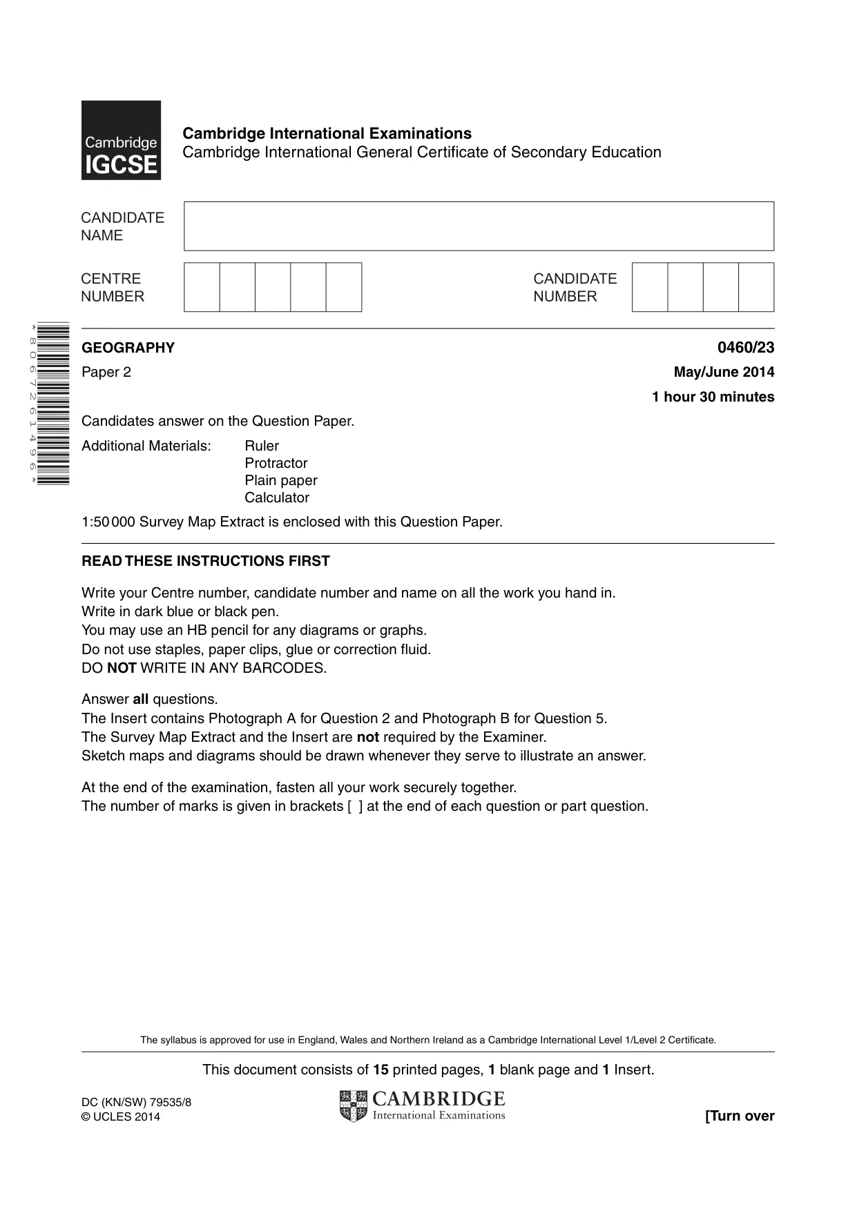 Cambridge IGCSE Geography 0460 2014 May/June Paper 2 · Variant 3 question paper, page 1 of 16