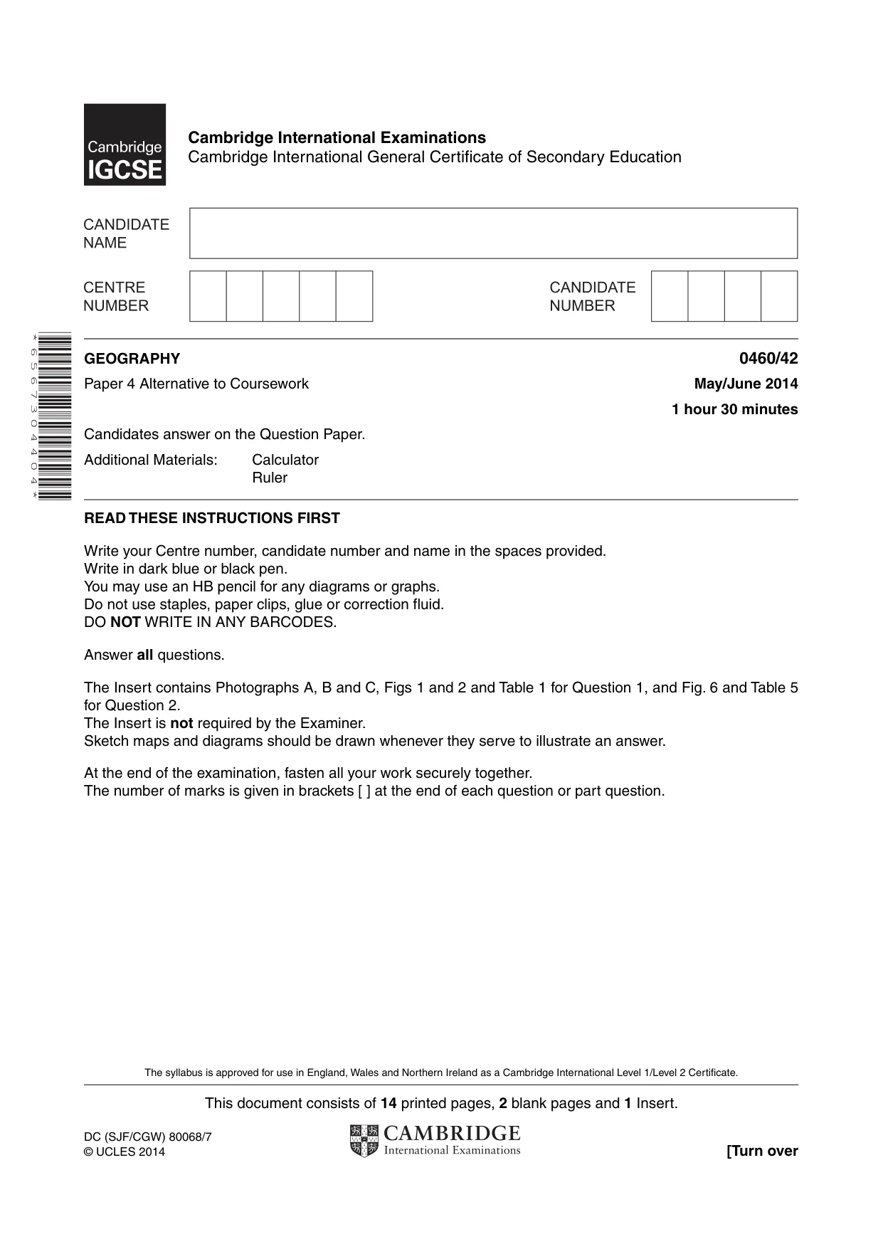 Cambridge IGCSE Geography 0460 2014 May/June Paper 4 · Variant 2 question paper, page 1 of 16