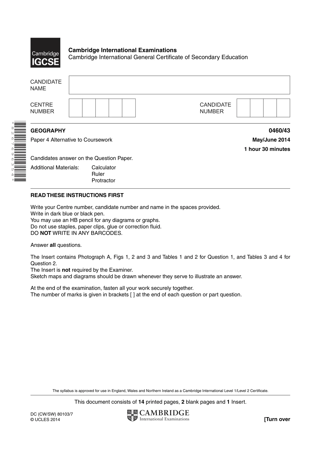 Cambridge IGCSE Geography 0460 2014 May/June Paper 4 · Variant 3 question paper, page 1 of 16