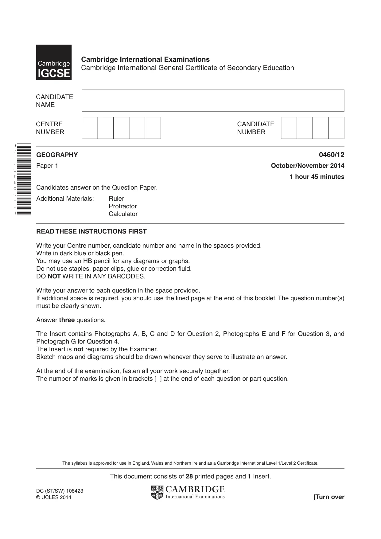 Cambridge IGCSE Geography 0460 2014 Oct/Nov Paper 1 · Variant 2 question paper, page 1 of 28