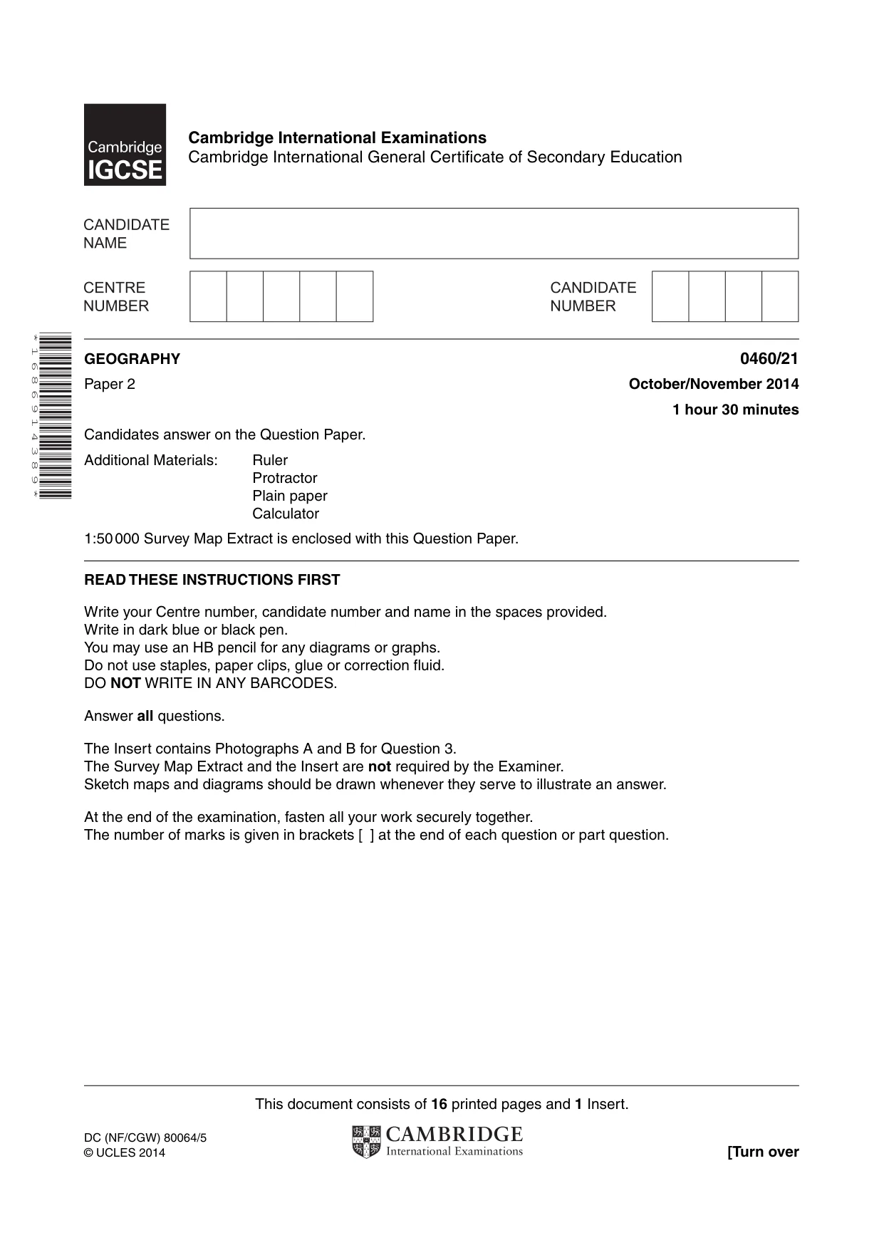 Cambridge IGCSE Geography 0460 2014 Oct/Nov Paper 2 · Variant 1 question paper, page 1 of 16