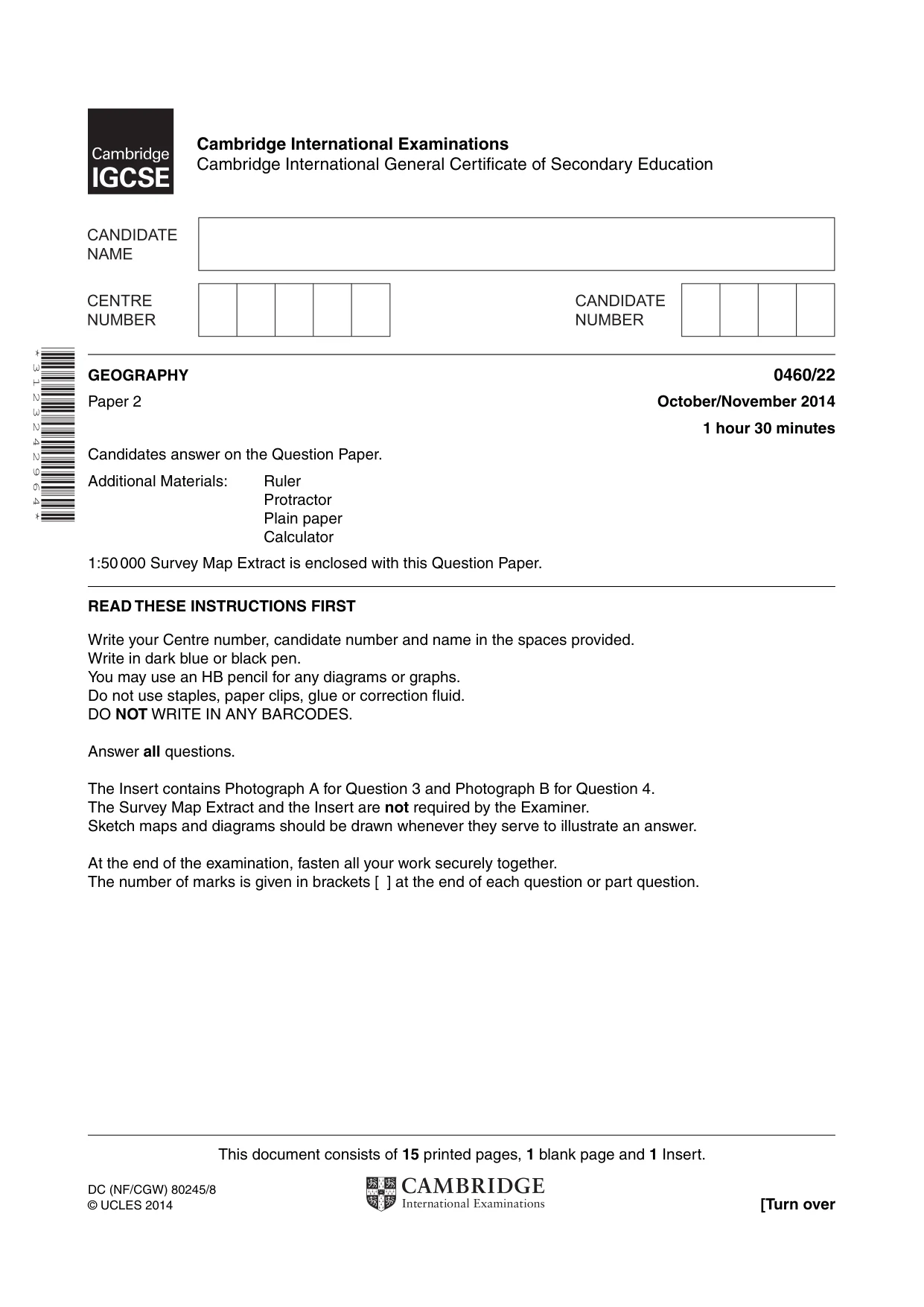 Cambridge IGCSE Geography 0460 2014 Oct/Nov Paper 2 · Variant 2 question paper, page 1 of 16