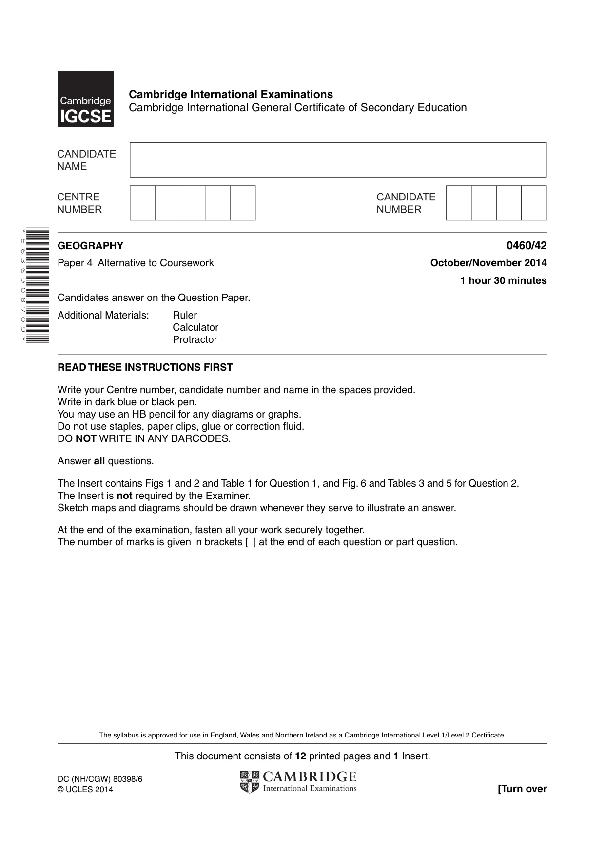 Cambridge IGCSE Geography 0460 2014 Oct/Nov Paper 4 · Variant 2 question paper, page 1 of 12