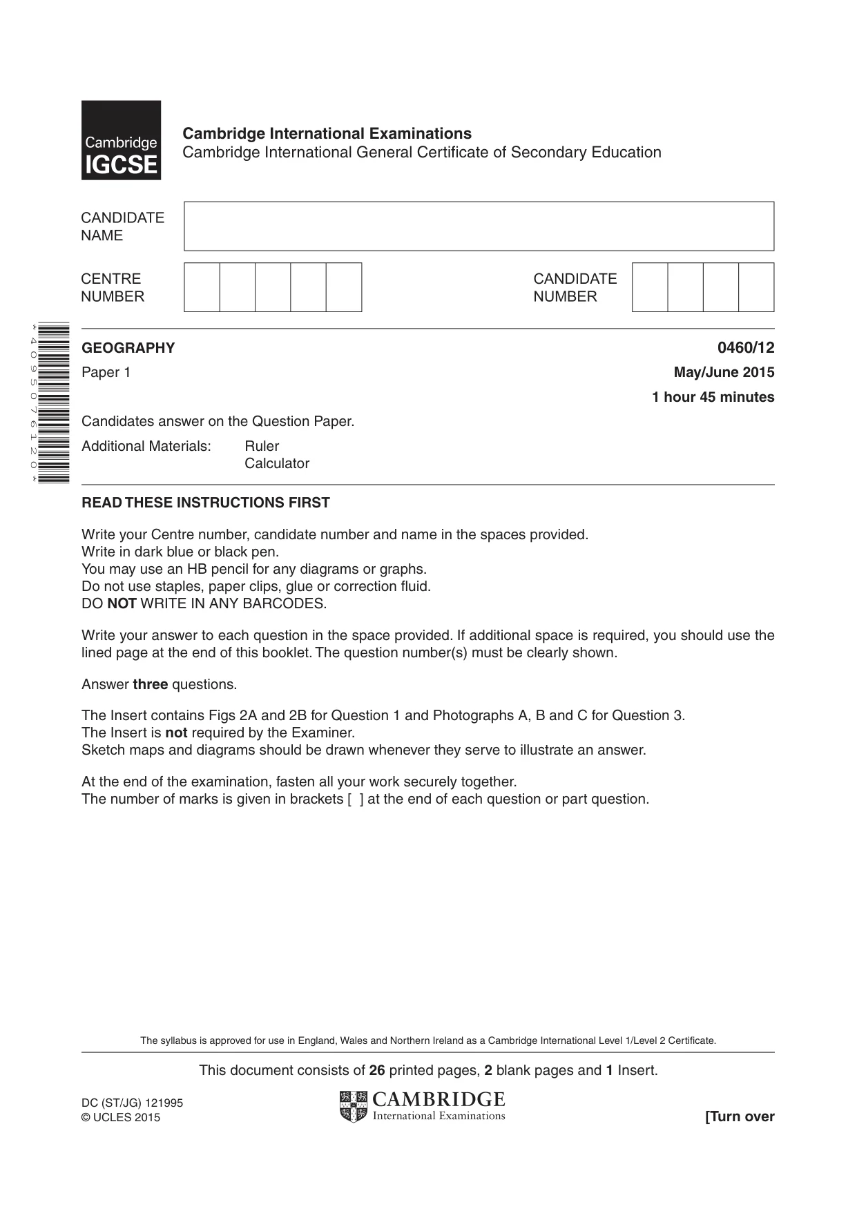 Cambridge IGCSE Geography 0460 2015 May/June Paper 1 · Variant 2 question paper, page 1 of 28