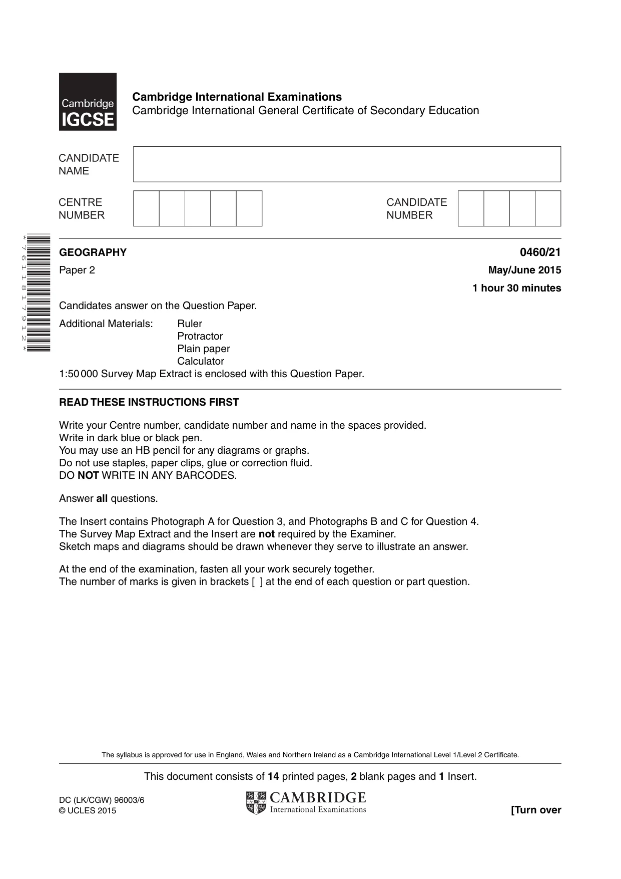 Cambridge IGCSE Geography 0460 2015 May/June Paper 2 · Variant 1 question paper, page 1 of 16