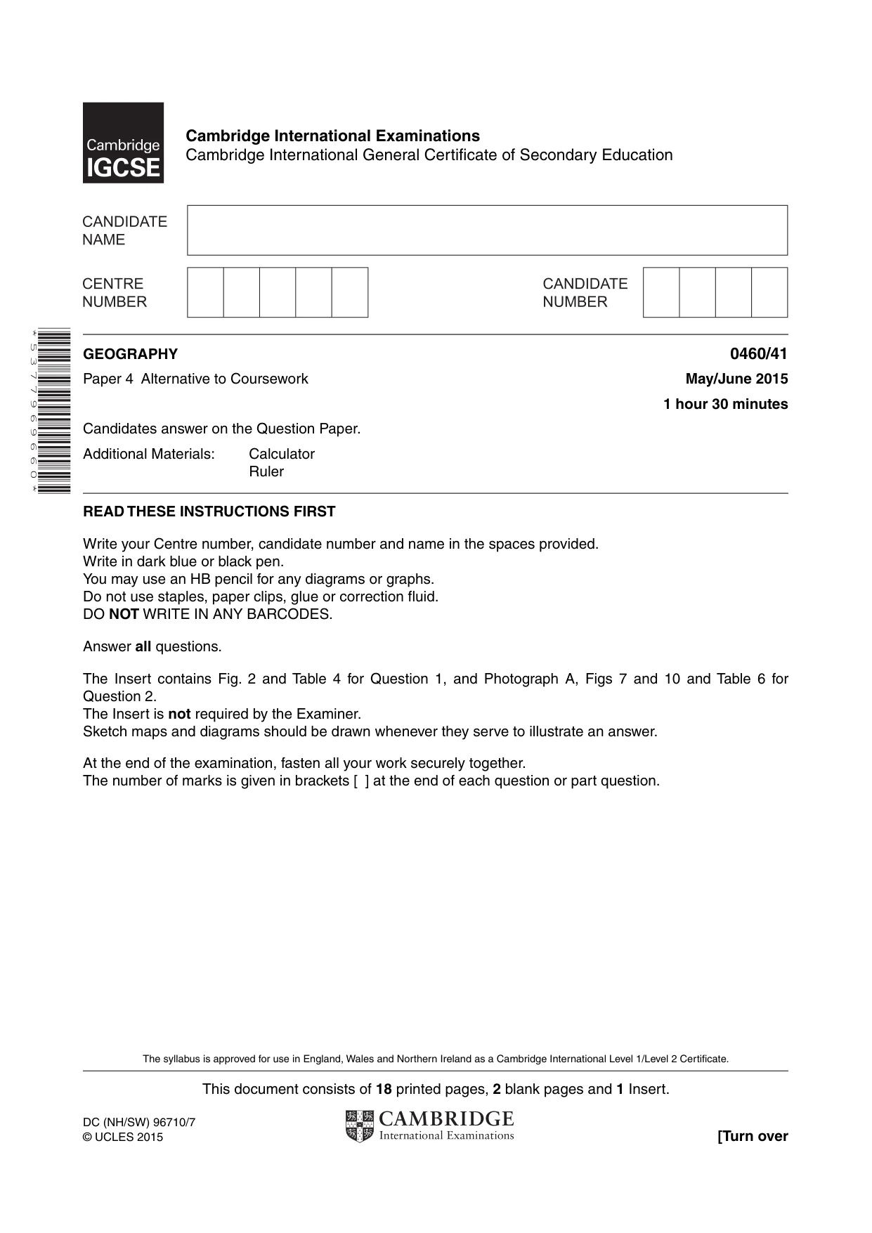 Cambridge IGCSE Geography 0460 2015 May/June Paper 4 · Variant 1 question paper, page 1 of 20