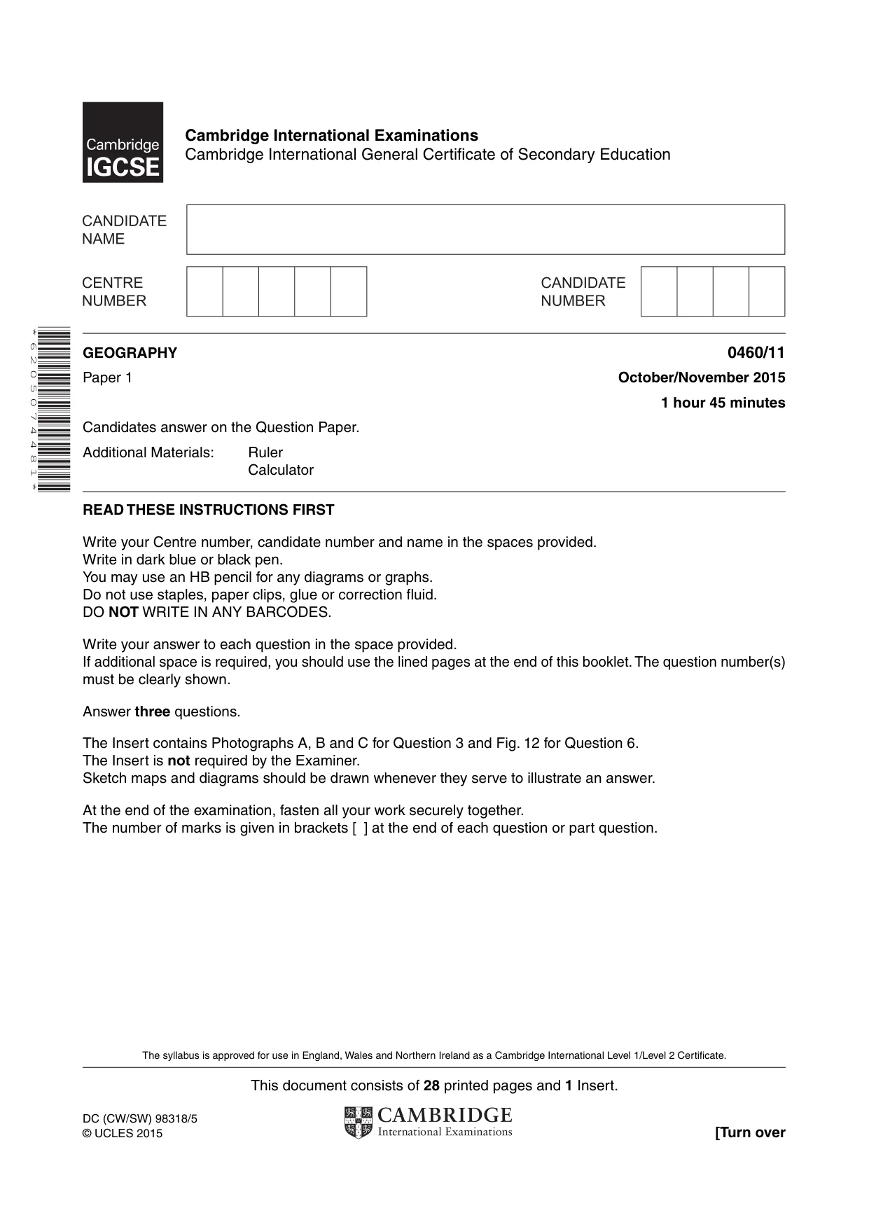 Cambridge IGCSE Geography 0460 2015 Oct/Nov Paper 1 · Variant 1 question paper, page 1 of 28