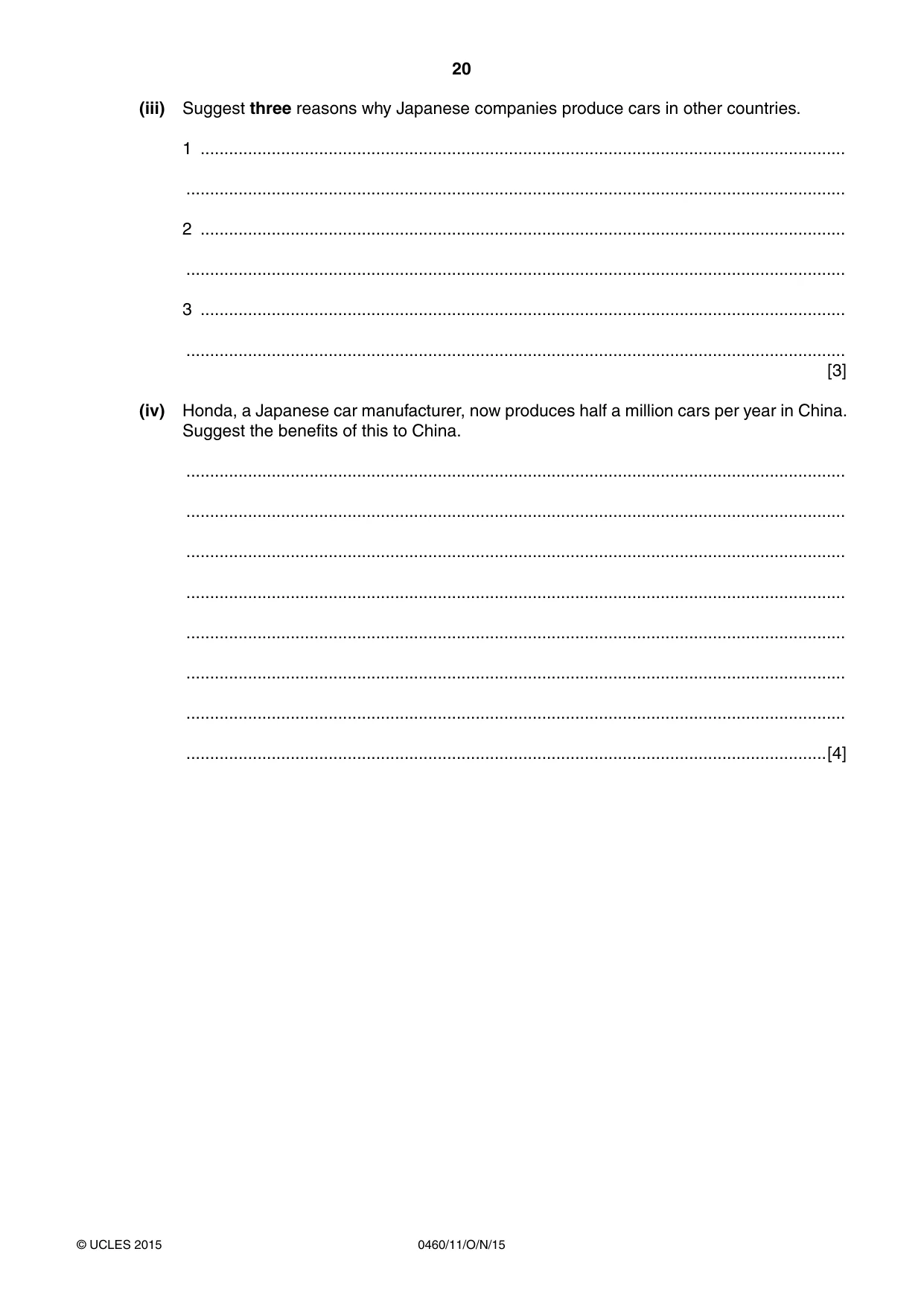 Cambridge IGCSE Geography 0460 2015 Oct/Nov Paper 1 · Variant 1 question paper, page 20 of 28