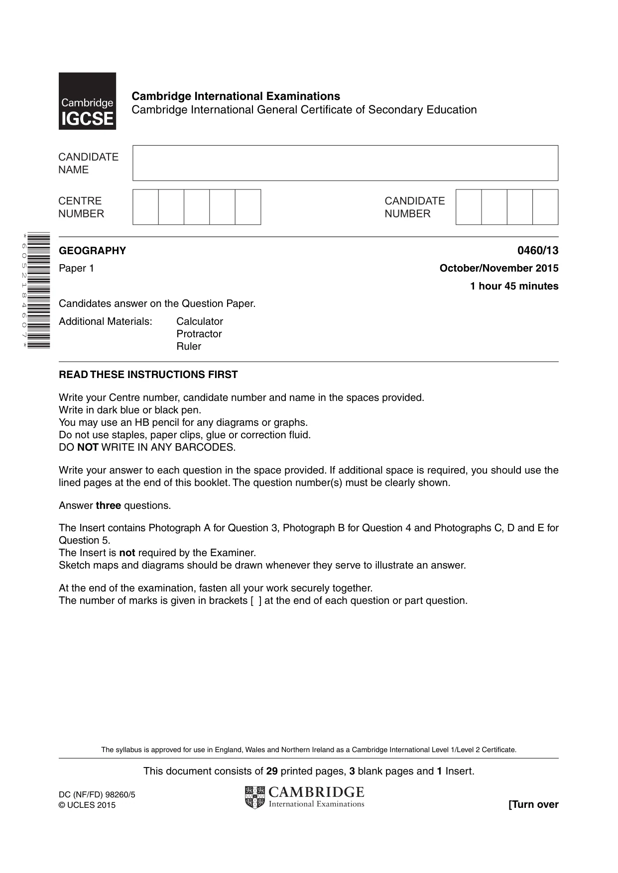 Cambridge IGCSE Geography 0460 2015 Oct/Nov Paper 1 · Variant 3 question paper, page 1 of 32