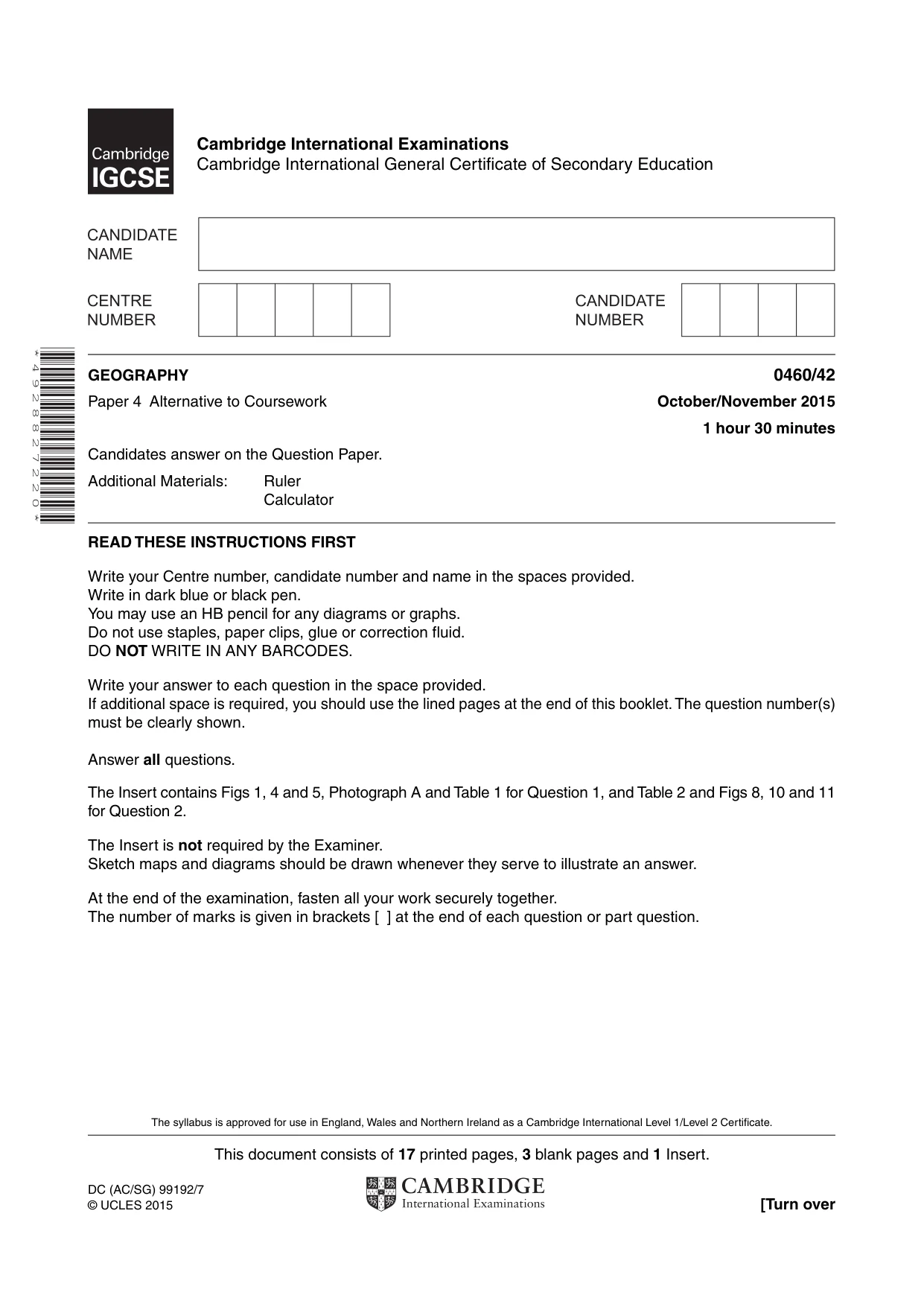 Cambridge IGCSE Geography 0460 2015 Oct/Nov Paper 4 · Variant 2 question paper, page 1 of 20