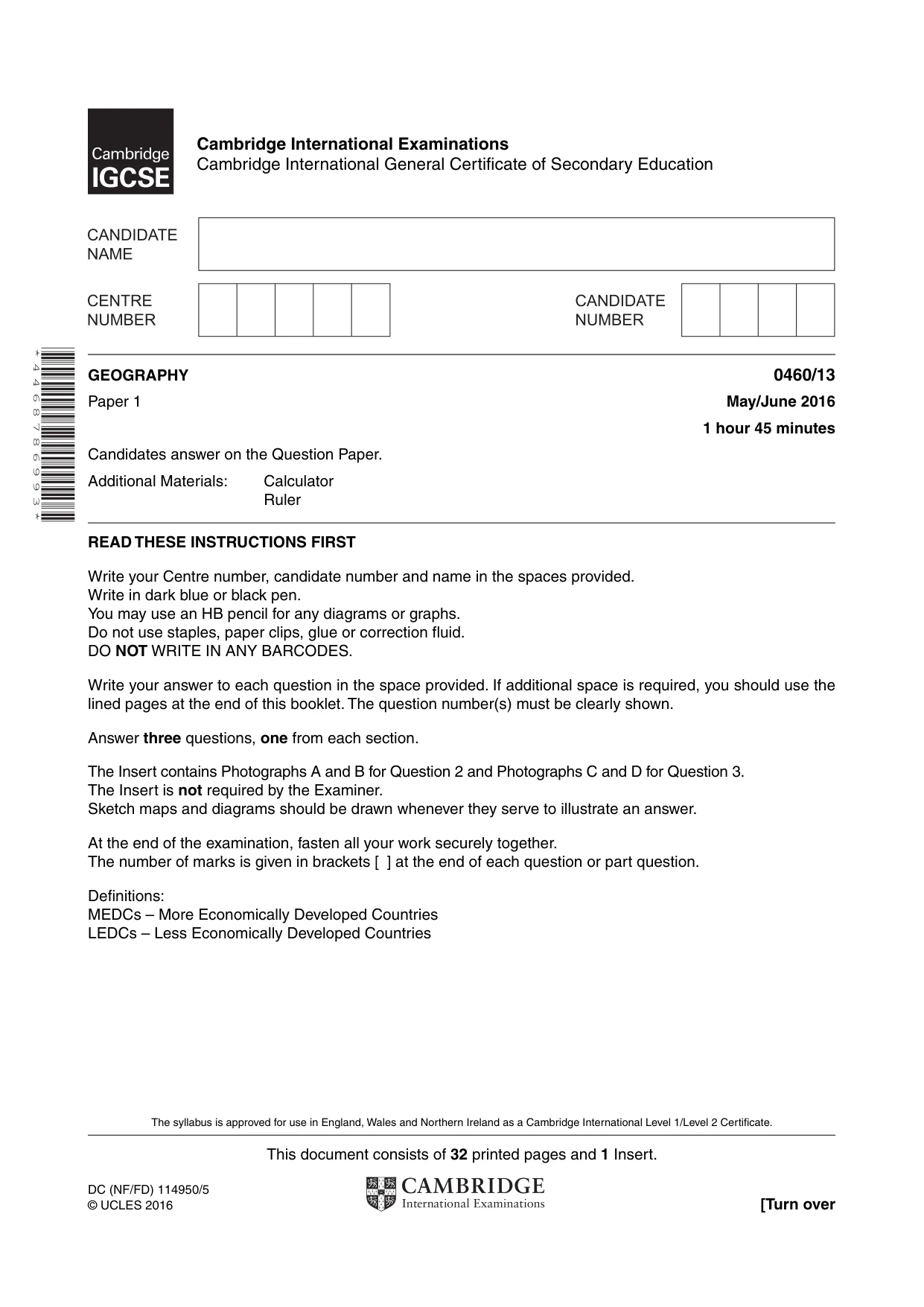 Cambridge IGCSE Geography 0460 2016 May/June Paper 1 · Variant 3 question paper, page 1 of 32