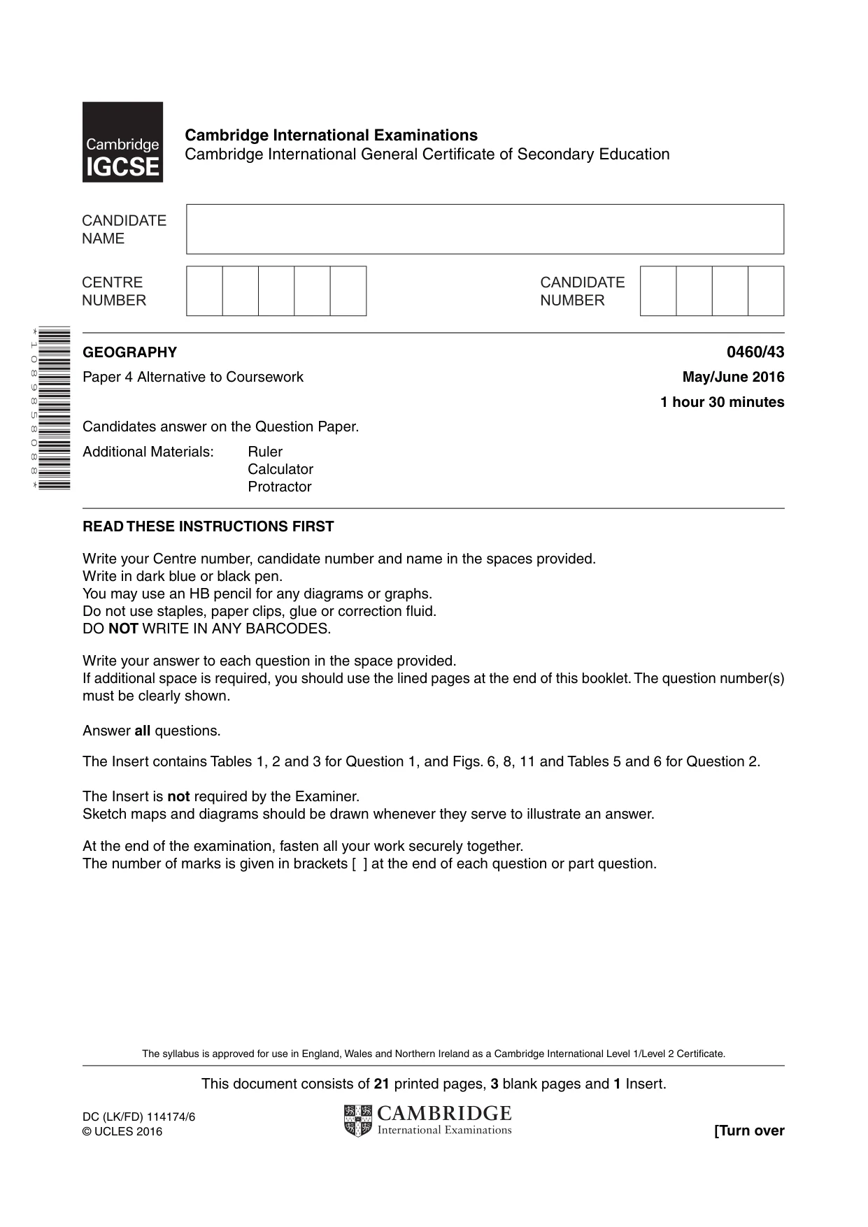 Cambridge IGCSE Geography 0460 2016 May/June Paper 4 · Variant 3 question paper, page 1 of 24
