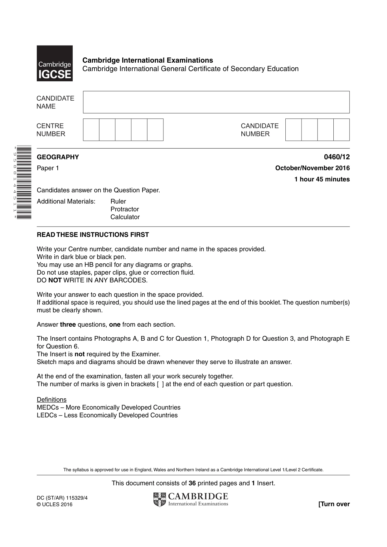 Cambridge IGCSE Geography 0460 2016 Oct/Nov Paper 1 · Variant 2 question paper, page 1 of 36