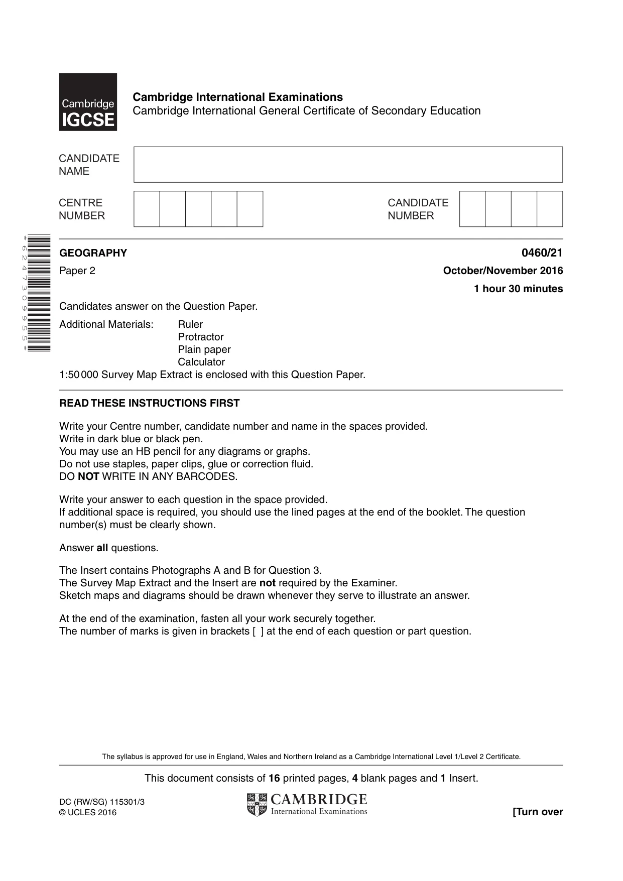 Cambridge IGCSE Geography 0460 2016 Oct/Nov Paper 2 · Variant 1 question paper, page 1 of 20