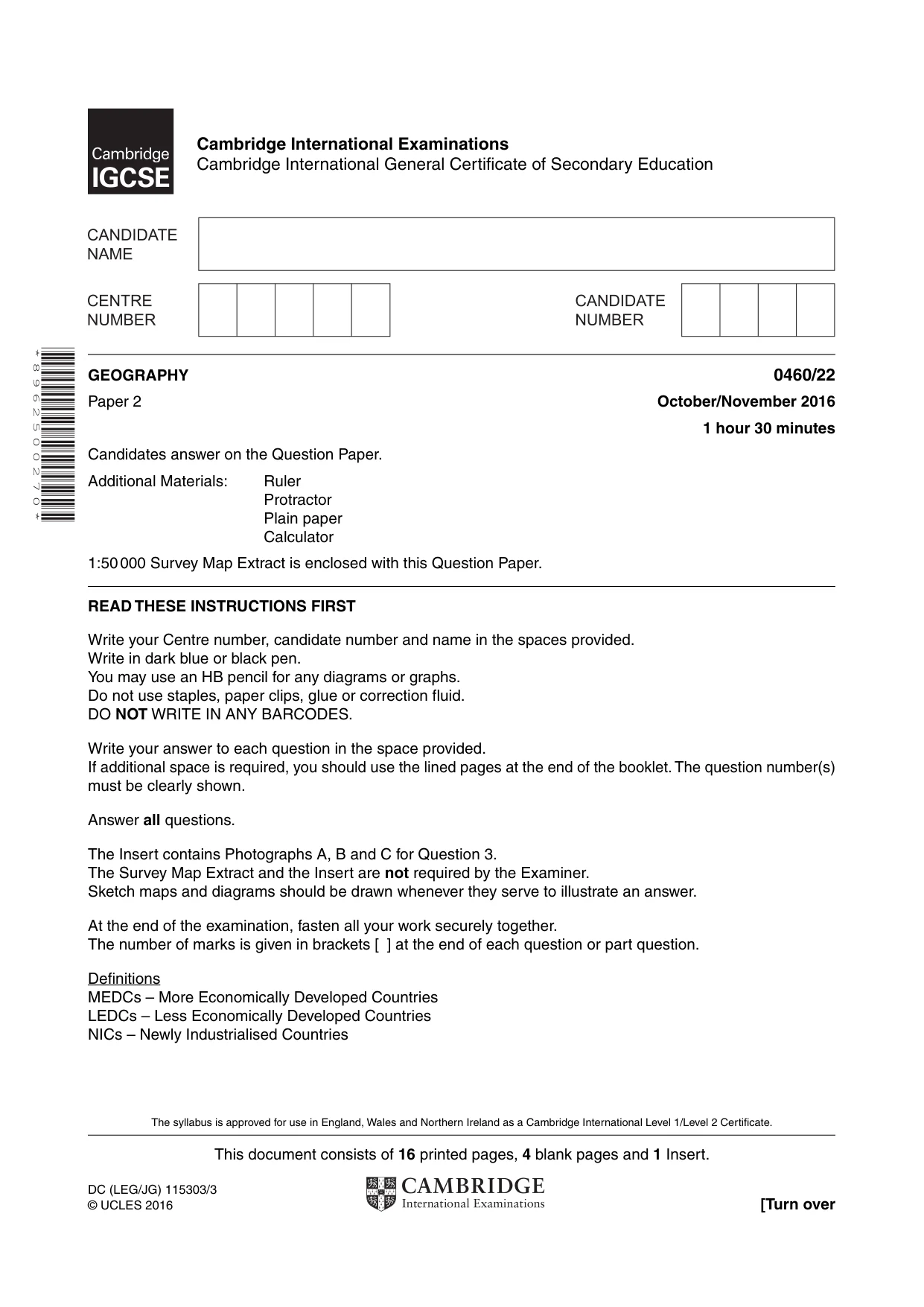 Cambridge IGCSE Geography 0460 2016 Oct/Nov Paper 2 · Variant 2 question paper, page 1 of 20
