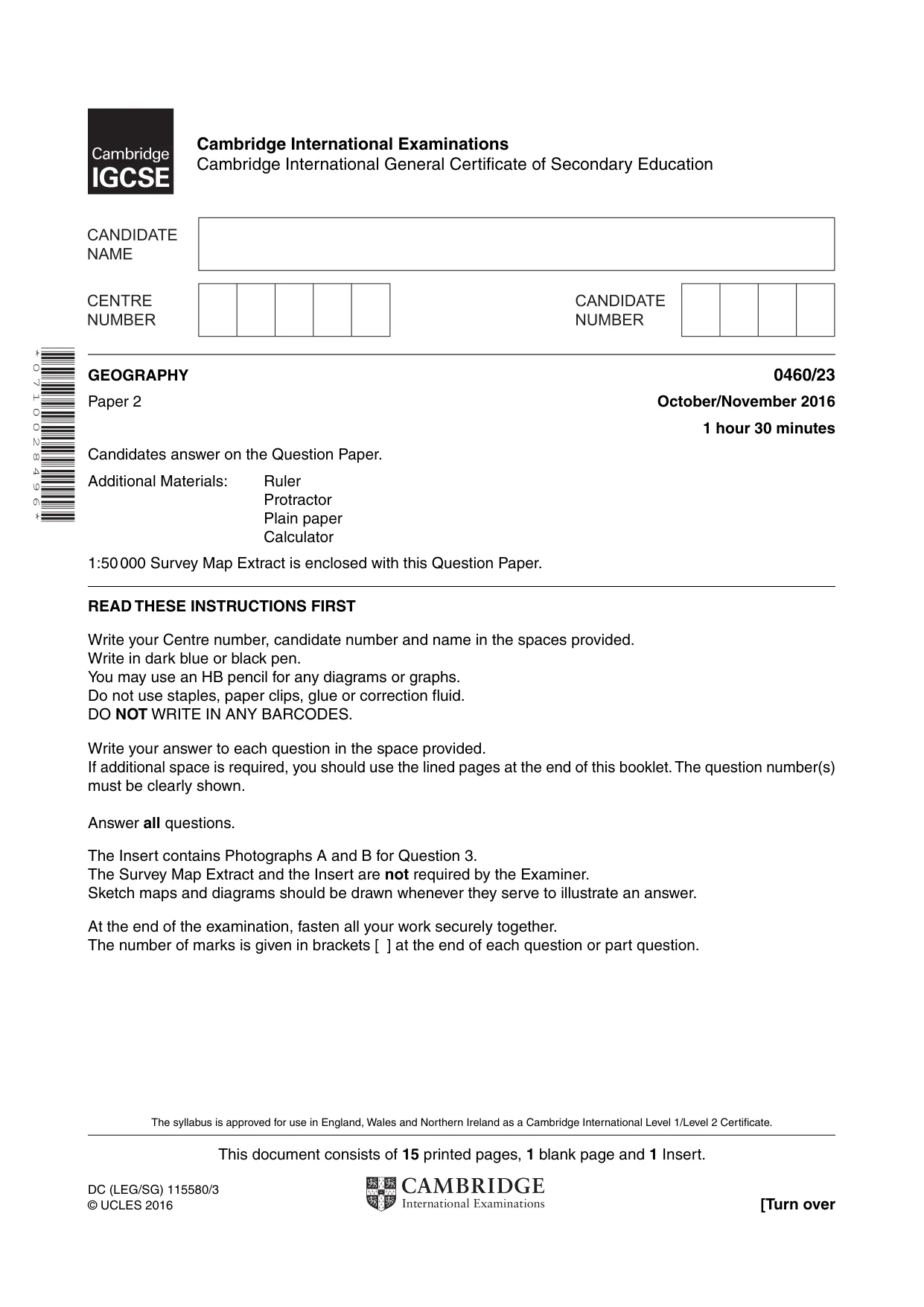 Cambridge IGCSE Geography 0460 2016 Oct/Nov Paper 2 · Variant 3 question paper, page 1 of 16