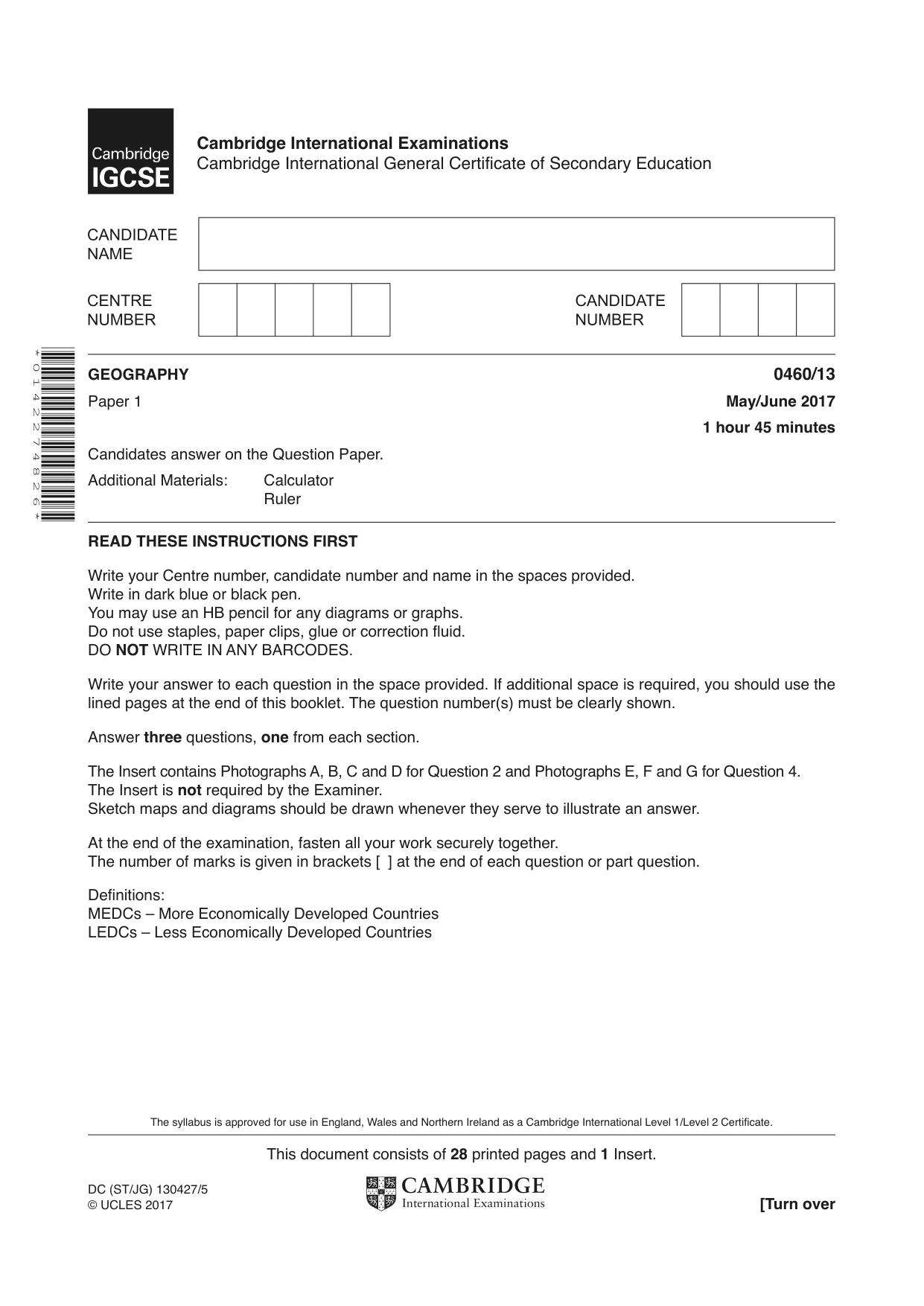 Cambridge IGCSE Geography 0460 2017 May/June Paper 1 · Variant 3 question paper, page 1 of 28