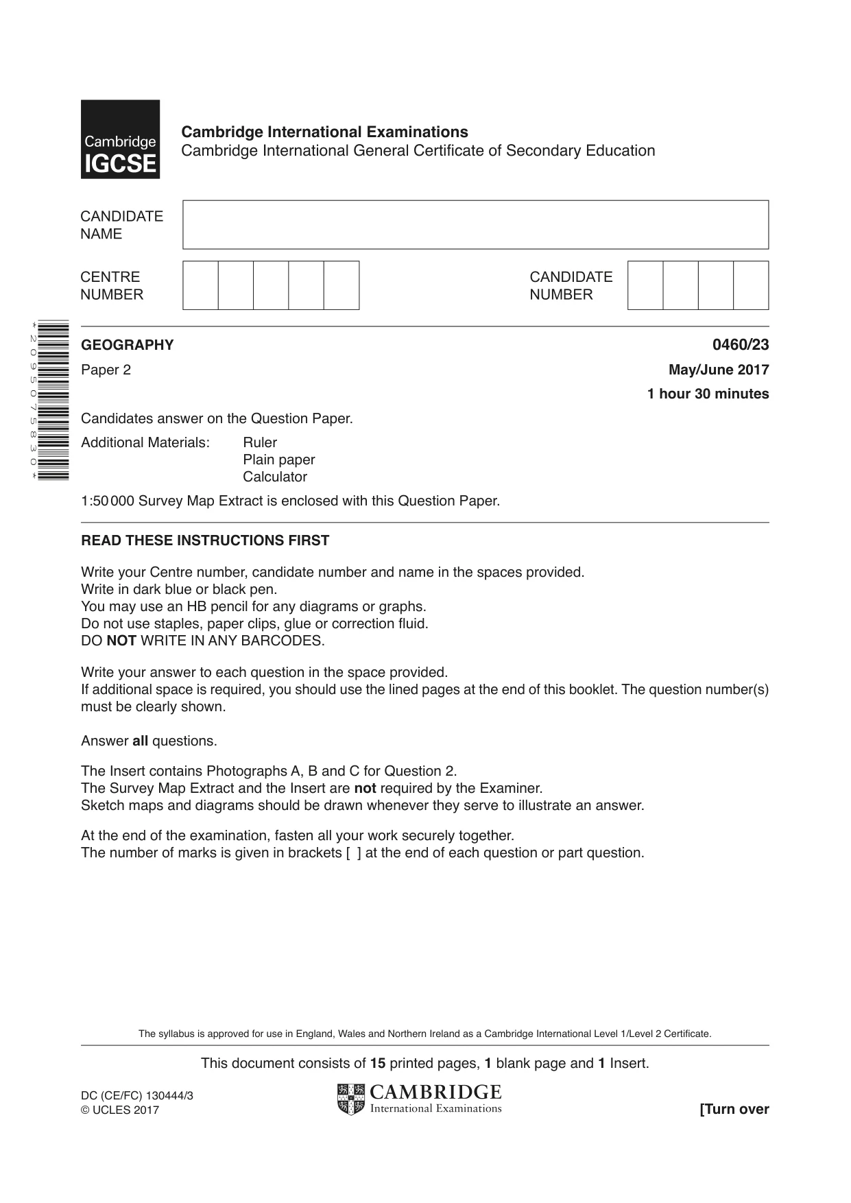Cambridge IGCSE Geography 0460 2017 May/June Paper 2 · Variant 3 question paper, page 1 of 16