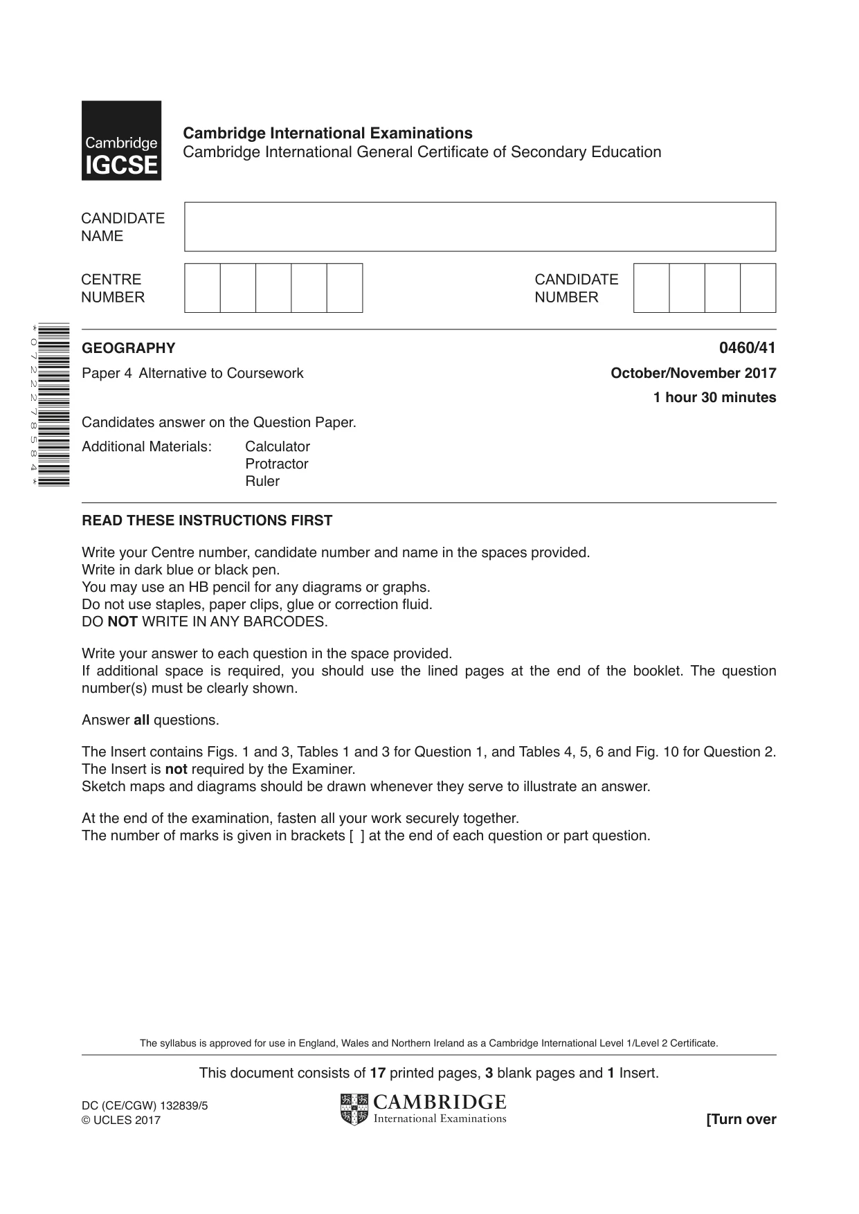 Cambridge IGCSE Geography 0460 2017 Oct/Nov Paper 4 · Variant 1 question paper, page 1 of 20