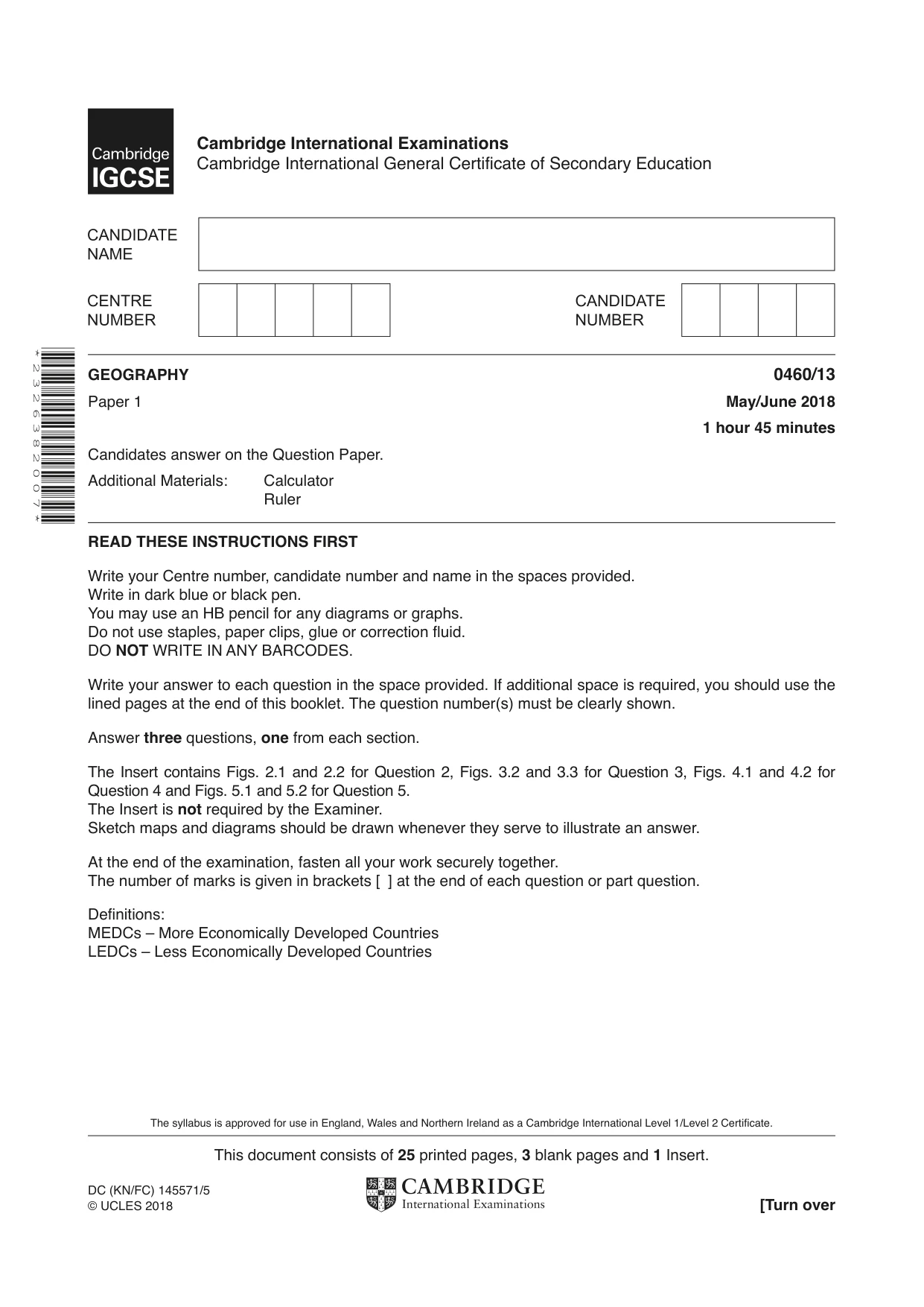 Cambridge IGCSE Geography 0460 2018 May/June Paper 1 · Variant 3 question paper, page 1 of 28