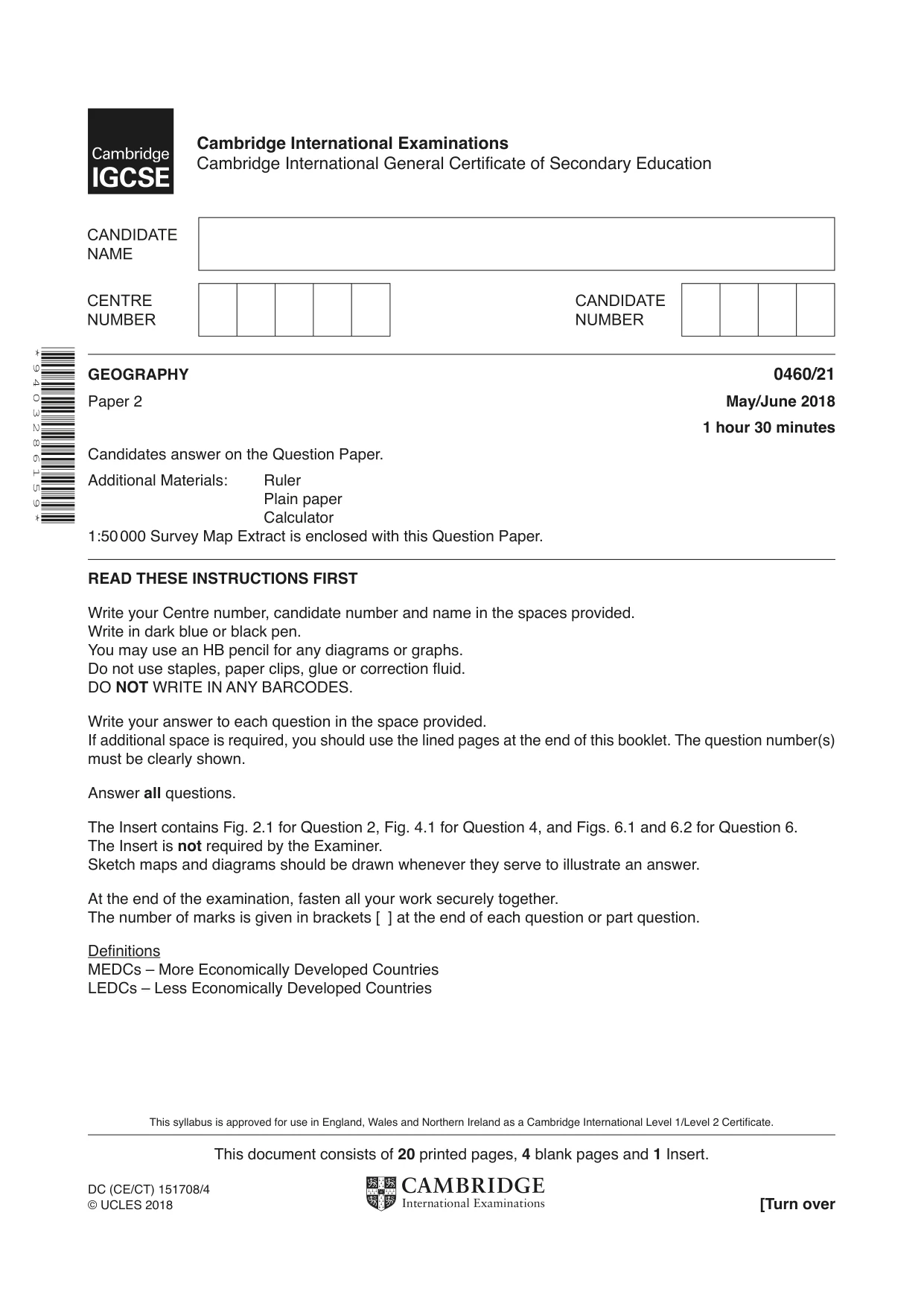 Cambridge IGCSE Geography 0460 2018 May/June Paper 2 · Variant 1 question paper, page 1 of 24