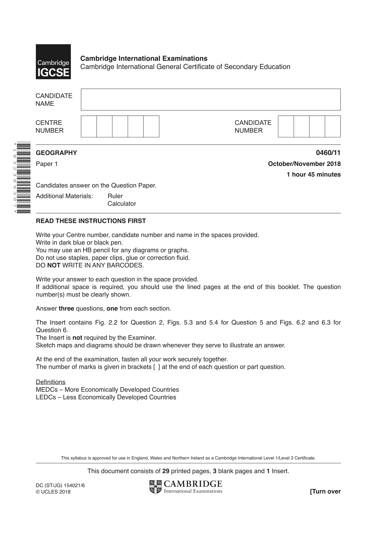 Cambridge IGCSE Geography 0460 2018 Oct/Nov Paper 1 · Variant 1 question paper, page 1 of 32