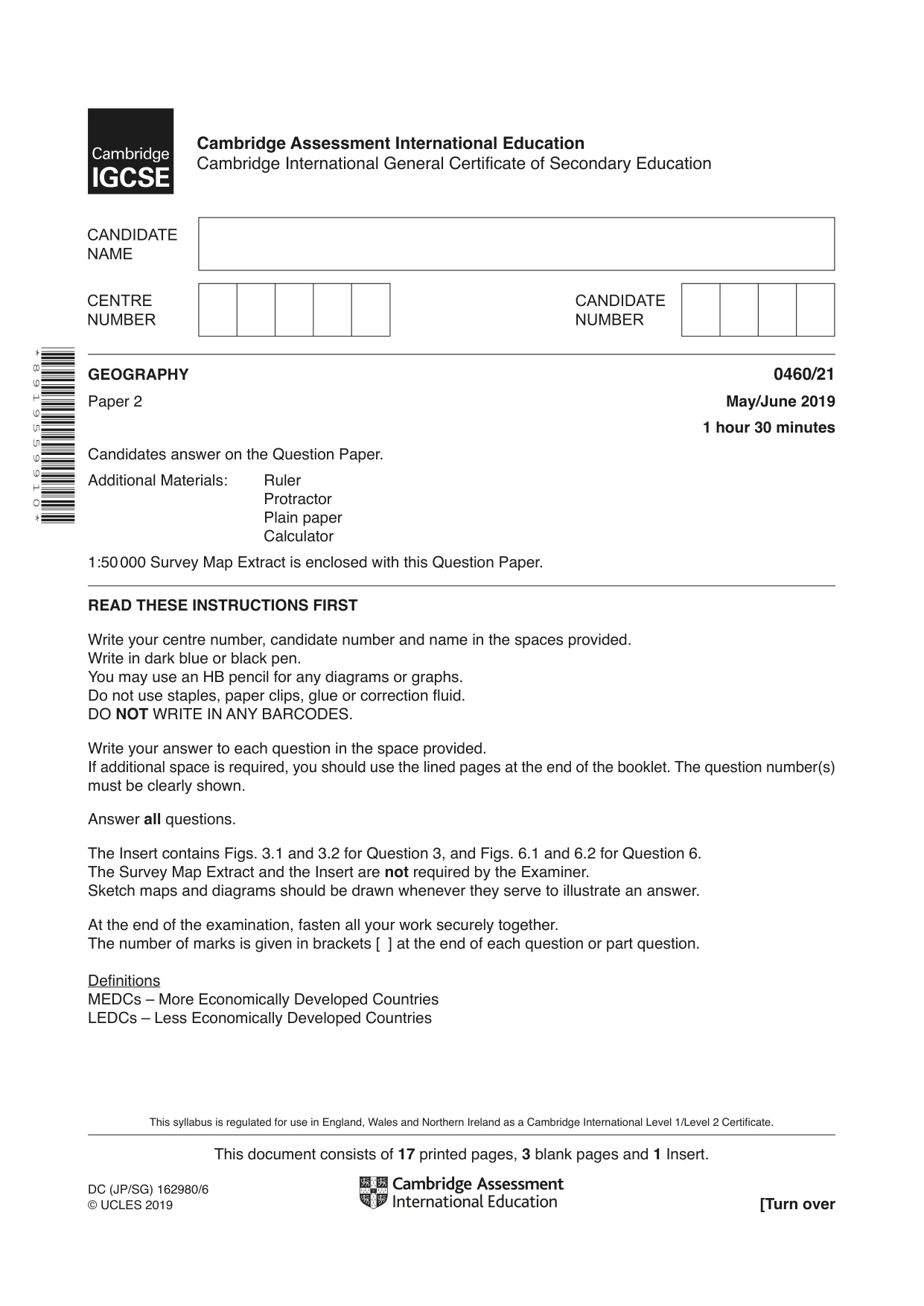 Cambridge IGCSE Geography 0460 2019 May/June Paper 2 · Variant 1 question paper, page 1 of 20