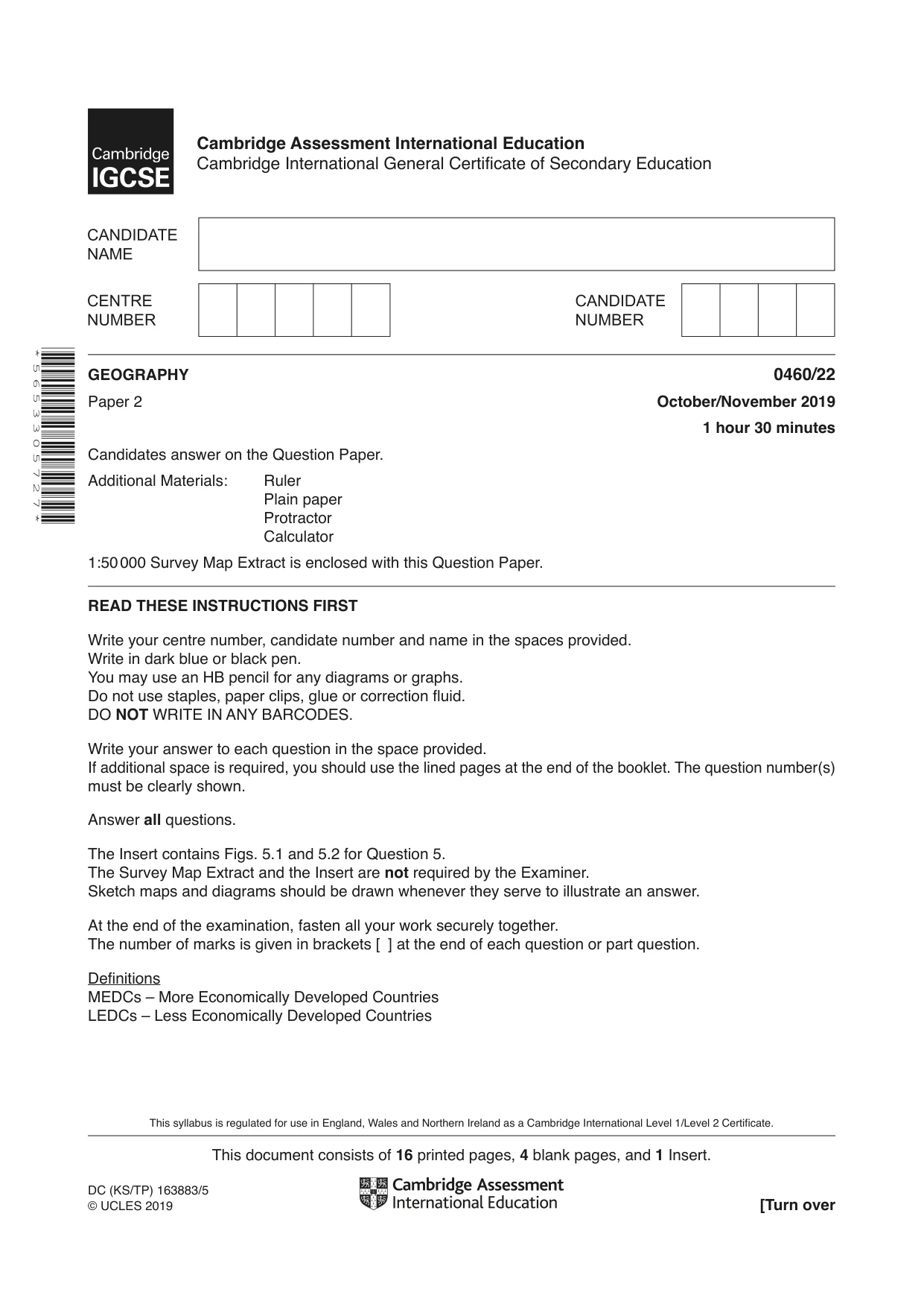 Cambridge IGCSE Geography 0460 2019 Oct/Nov Paper 2 · Variant 2 question paper, page 1 of 20