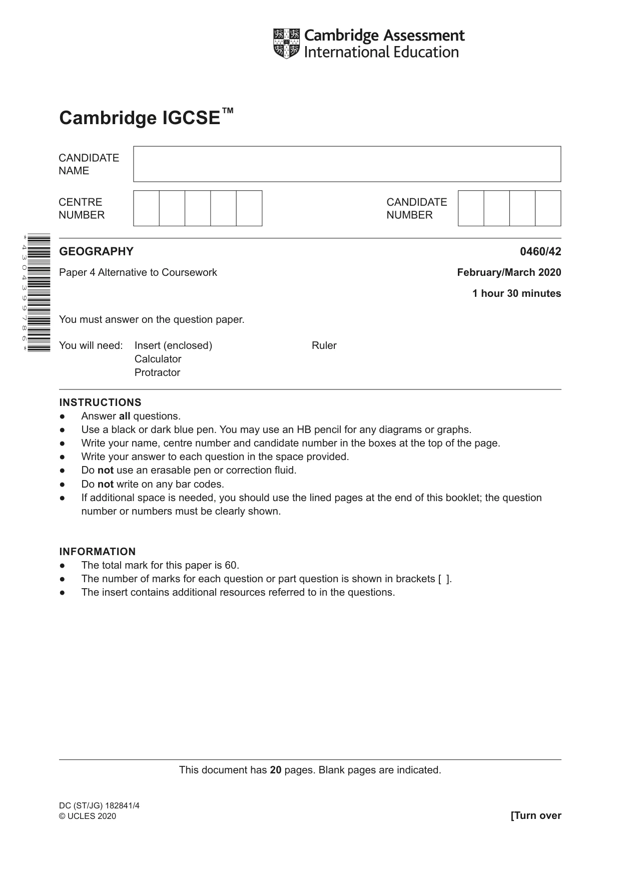 Cambridge IGCSE Geography 0460 2020 Feb/March Paper 4 · Variant 2 question paper, page 1 of 20