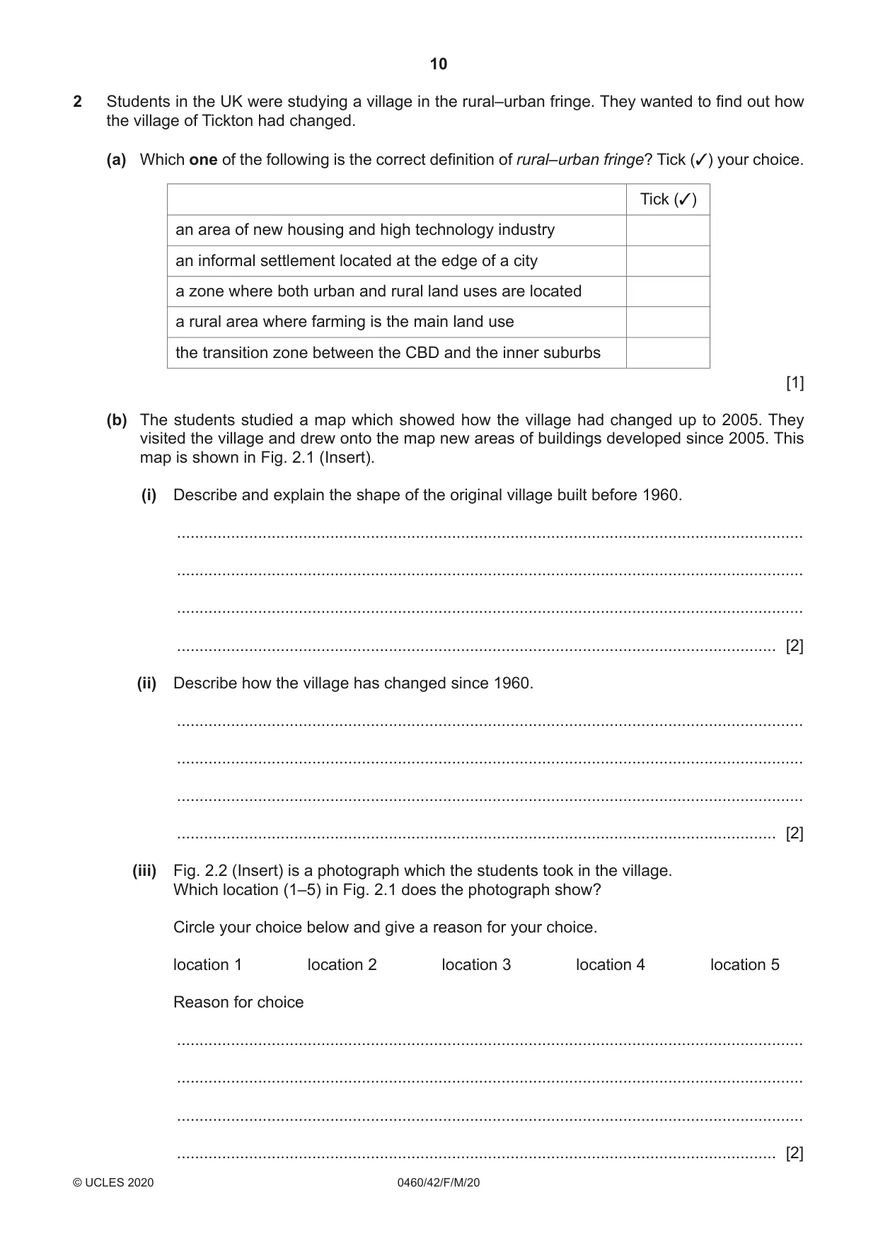 Cambridge IGCSE Geography 0460 2020 Feb/March Paper 4 · Variant 2 question paper, page 10 of 20