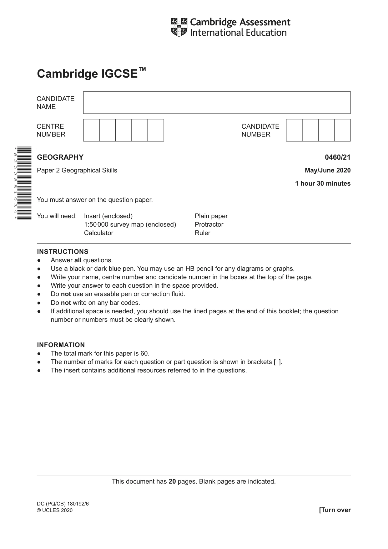 Cambridge IGCSE Geography 0460 2020 May/June Paper 2 · Variant 1 question paper, page 1 of 20