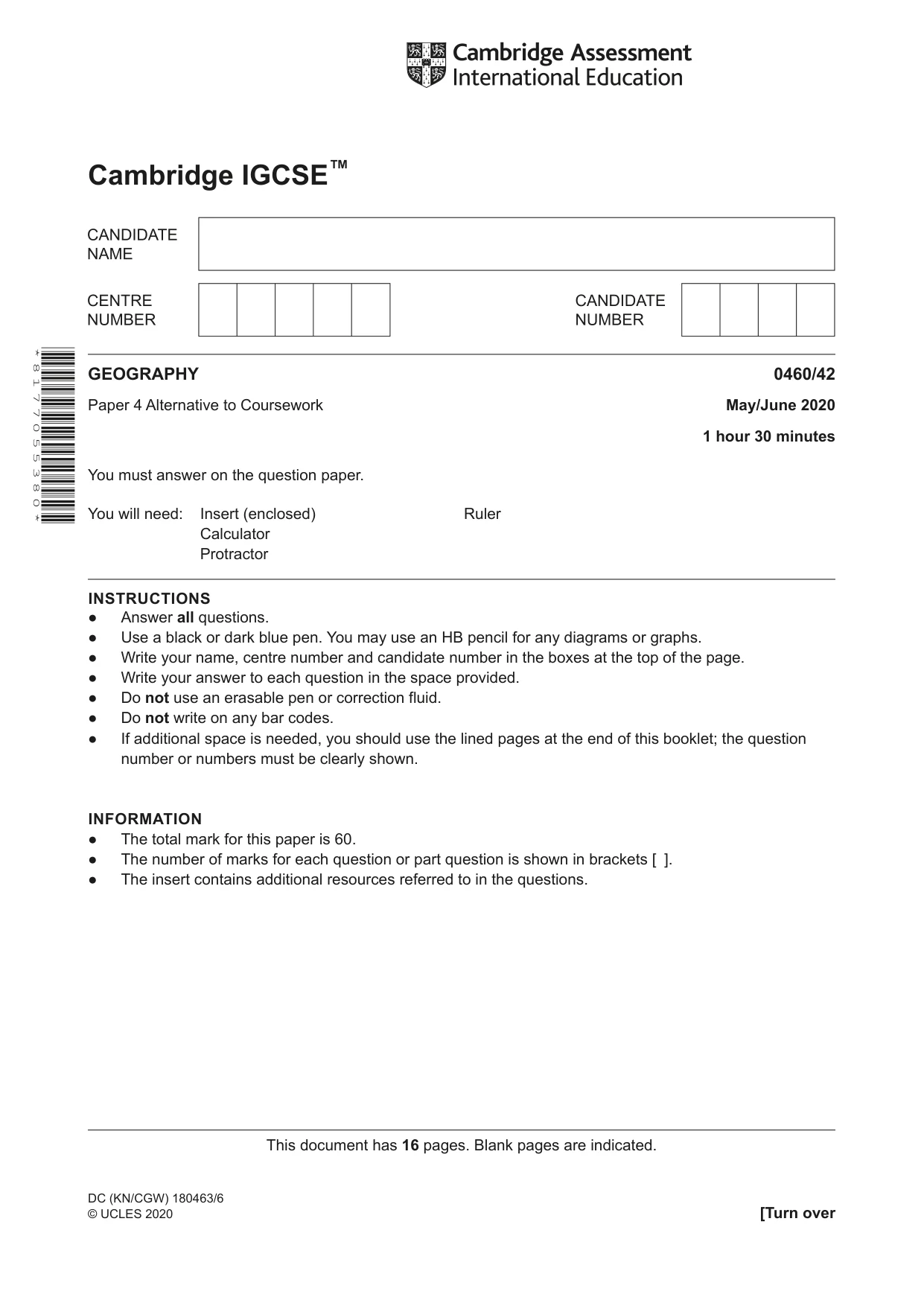 Cambridge IGCSE Geography 0460 2020 May/June Paper 4 · Variant 2 question paper, page 1 of 16