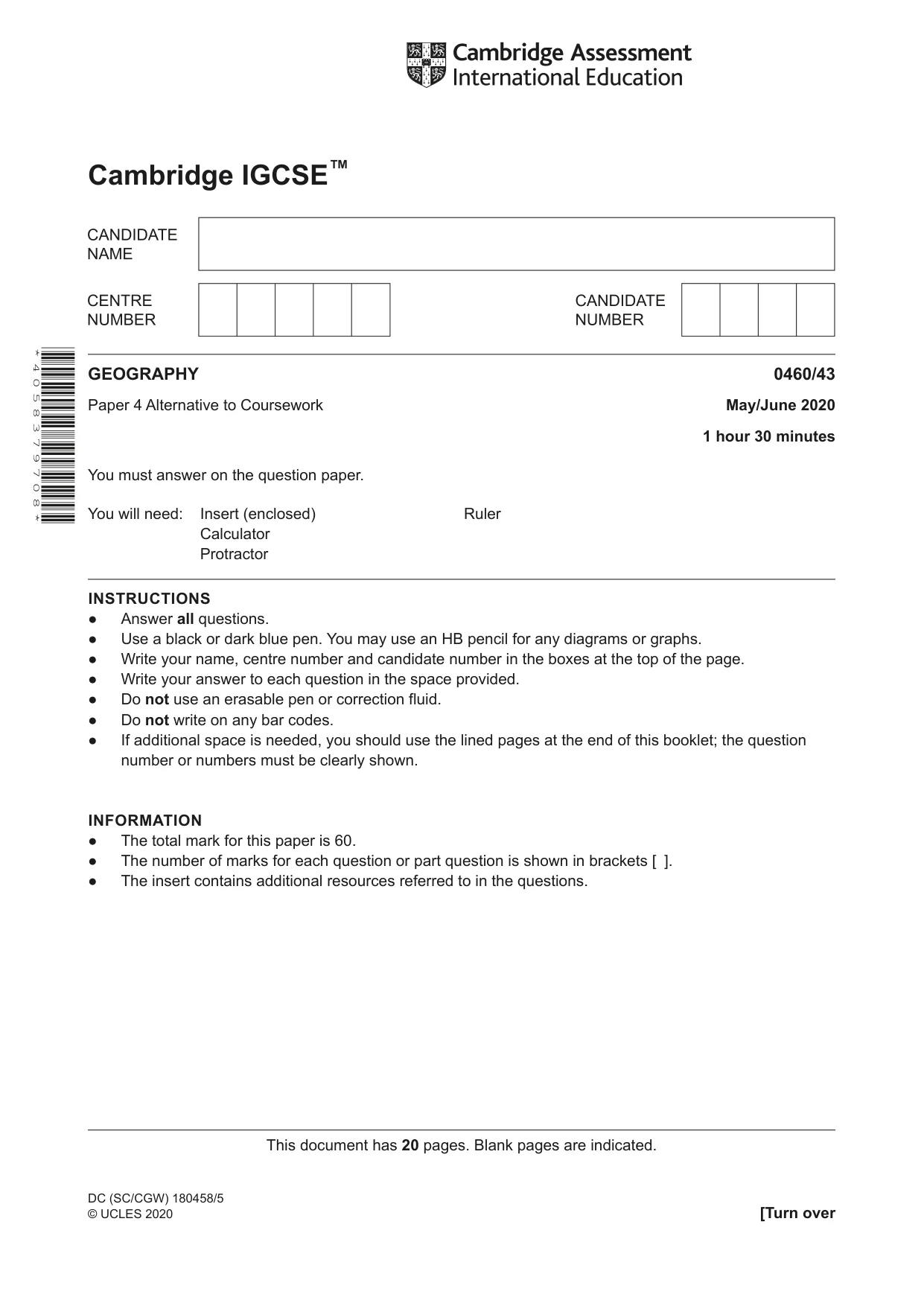 Cambridge IGCSE Geography 0460 2020 May/June Paper 4 · Variant 3 question paper, page 1 of 20