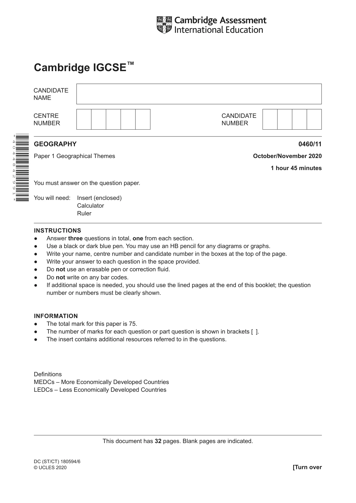 Cambridge IGCSE Geography 0460 2020 Oct/Nov Paper 1 · Variant 1 question paper, page 1 of 32