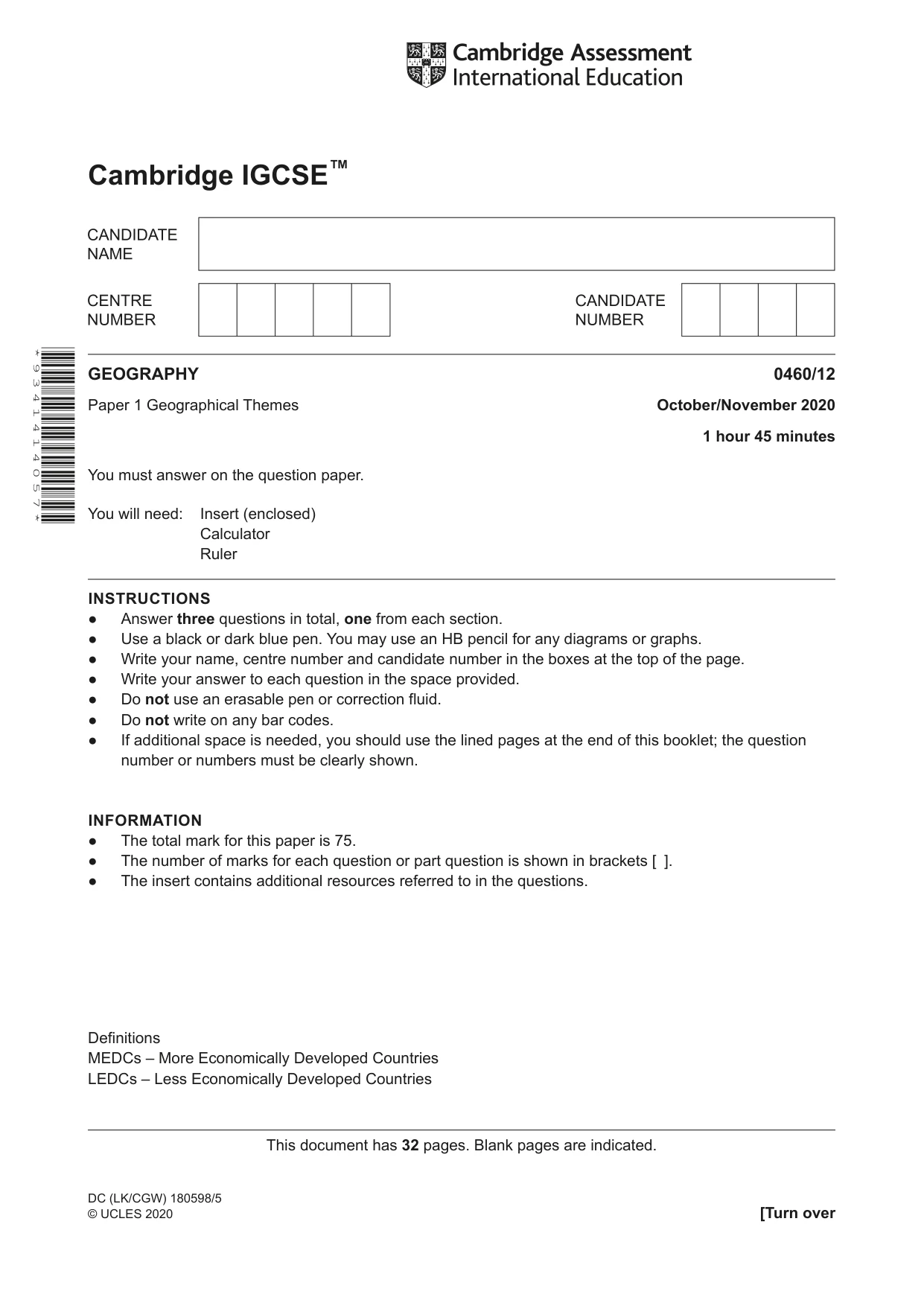 Cambridge IGCSE Geography 0460 2020 Oct/Nov Paper 1 · Variant 2 question paper, page 1 of 32